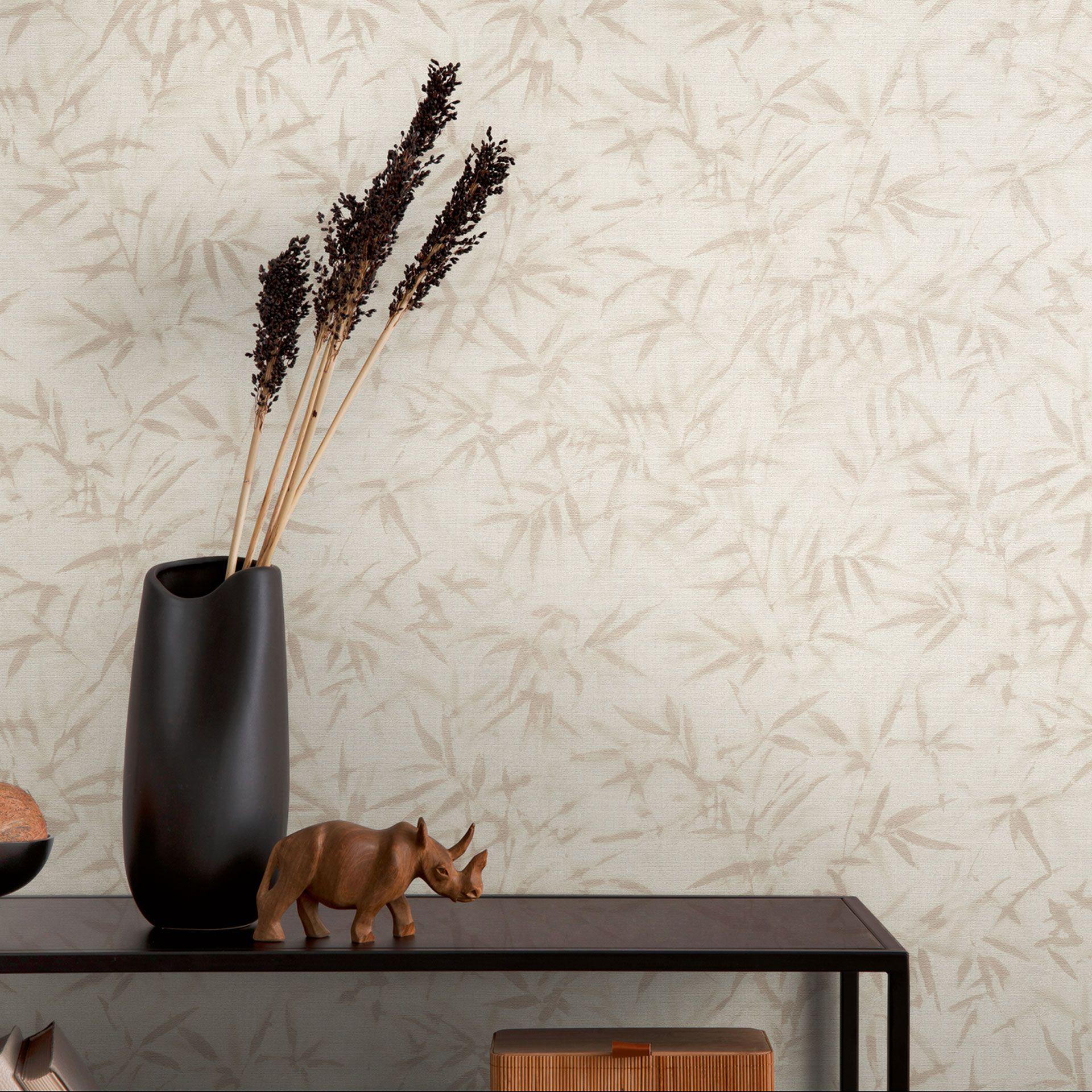 Bladtapet creme beige - subtilt tapet med mønster med bambuslook - Ikke-vævet tapet