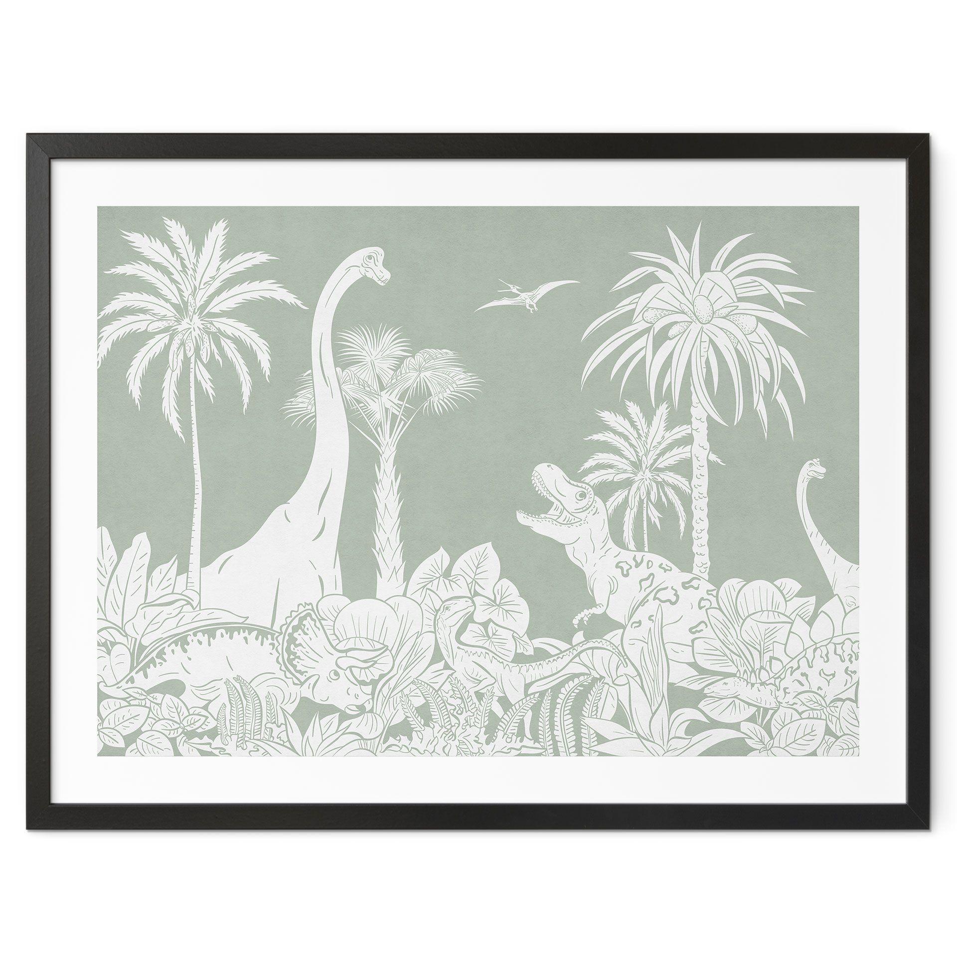 Póster Mundos primitivos verdes - Dinosaurios bajo las palmeras - Kikki Belle
