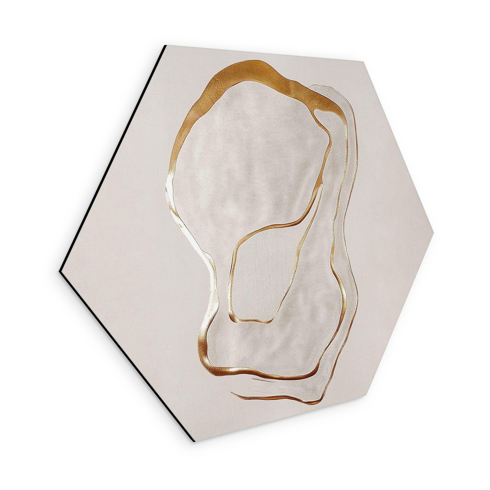 Sekskantet, abstrakt billedkunst i guld og beige - Aluminium dibond - Alma