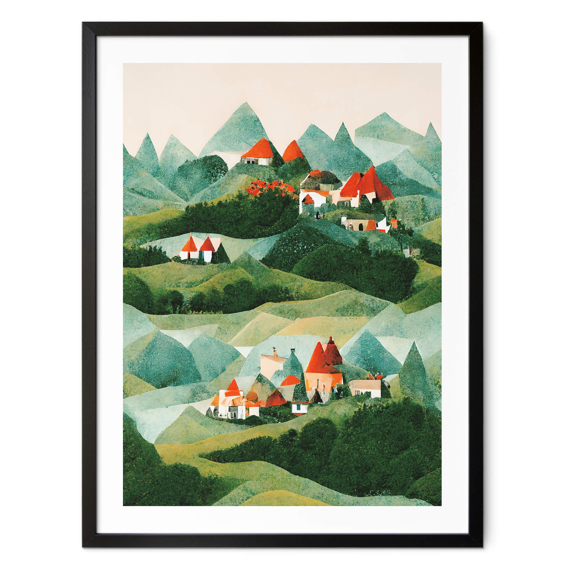 Póster infantil Treechild - Pequeño pueblo en medio de verdes colinas