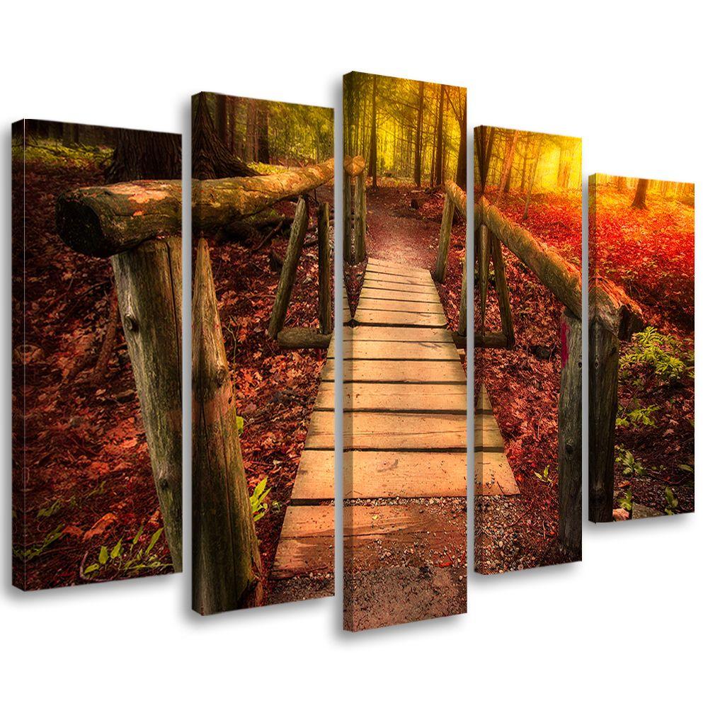 5 stykke lærred Print Autumn Forest Leaves Bridge