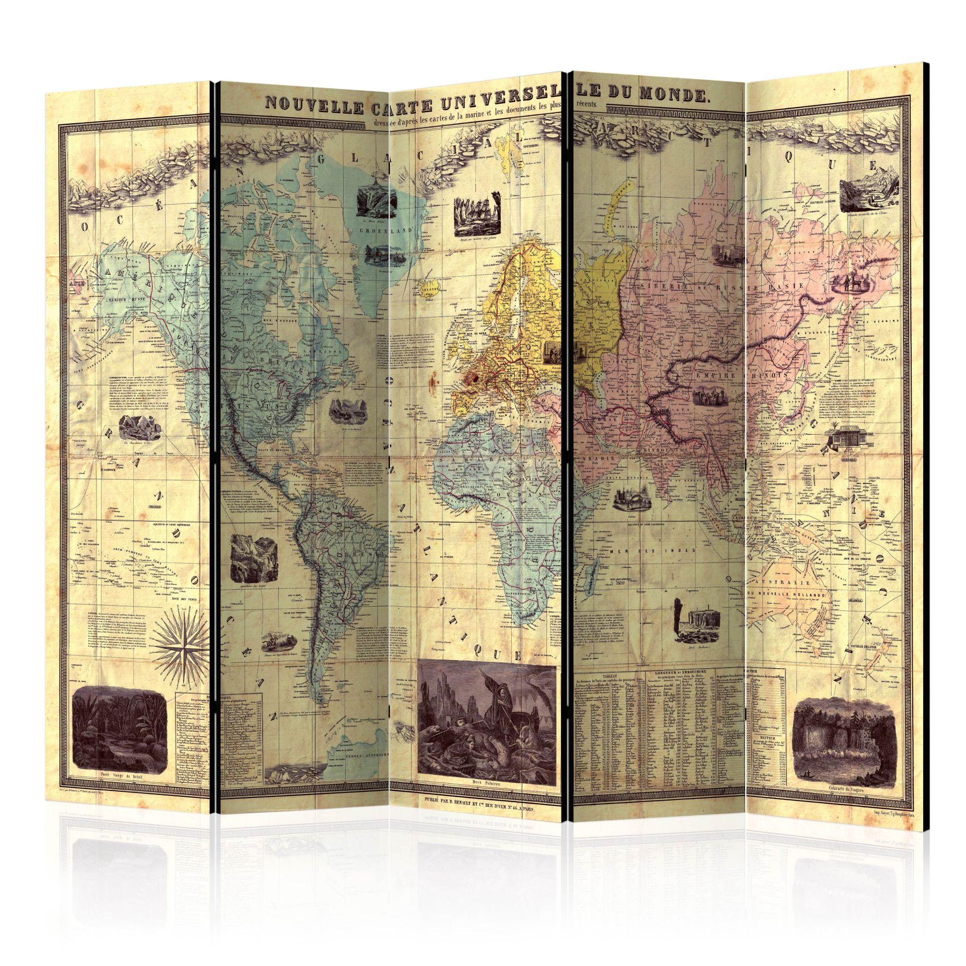 Skærm til rumopdeling - Nouvelle Carte Du Monde, 5-delt - 225x172 cm
