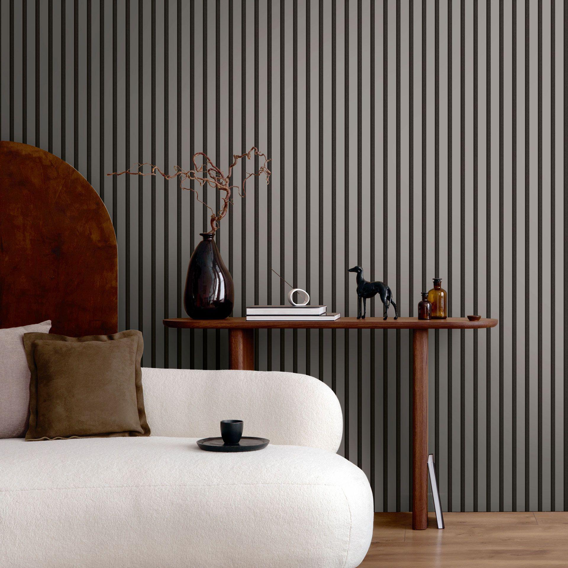 papel pintado 3D no tejido gris negro mate - papel pintado moderno con aspecto de panel de madera escandinavo