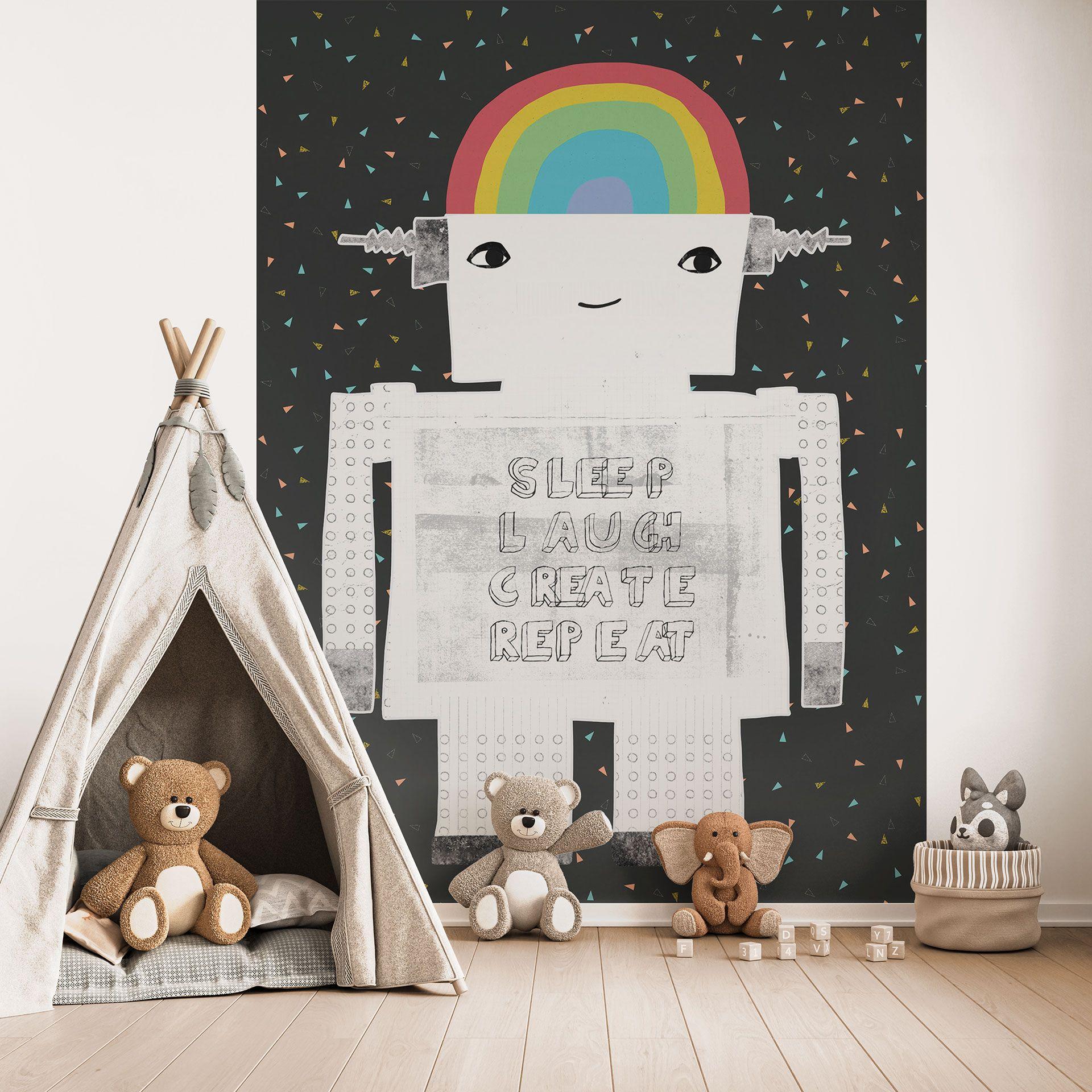 Fototapet, børnehave tapet regnbue robot Sleep Laugh Create - Treechild