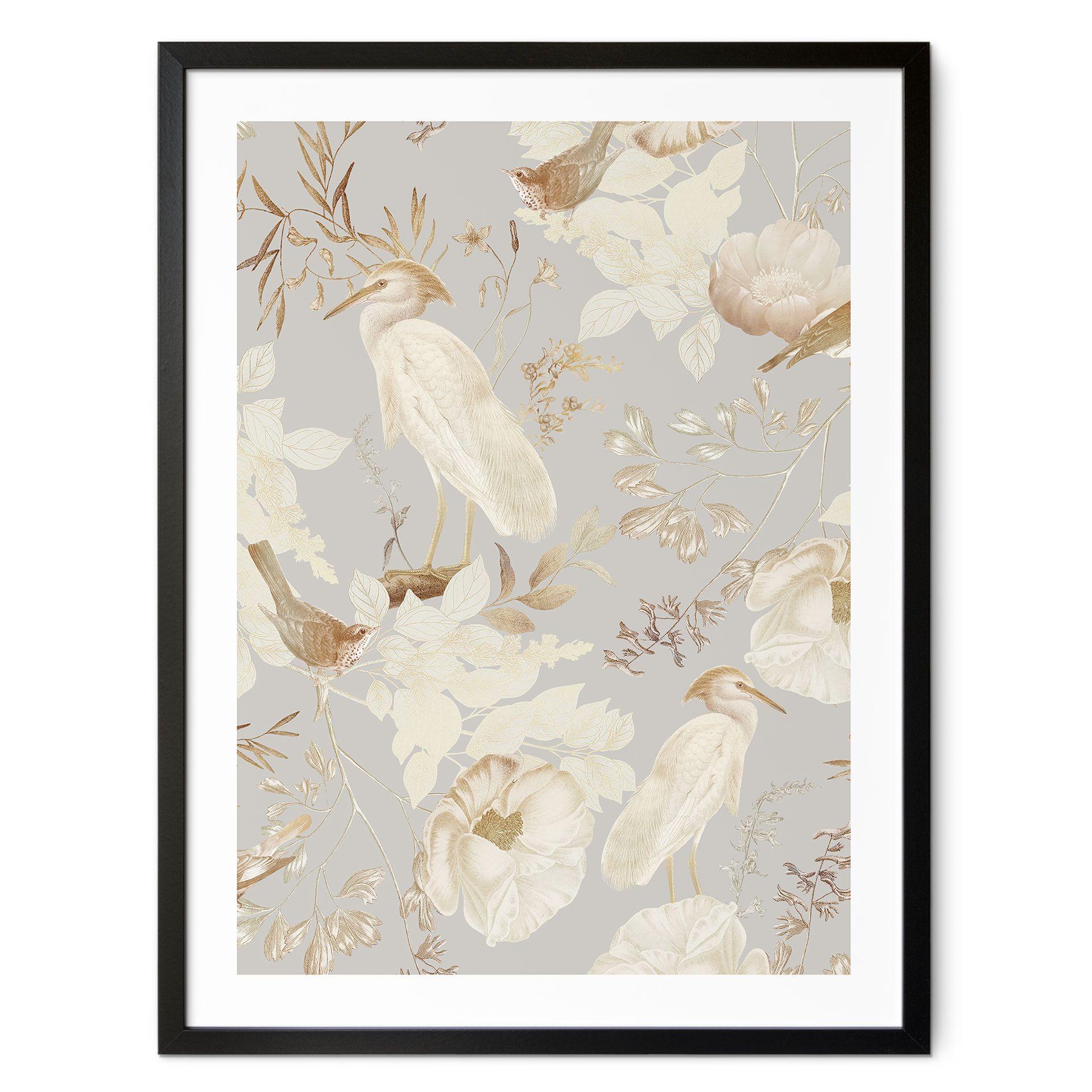 Póster pájaros entre flores blancas - Diseños ONU