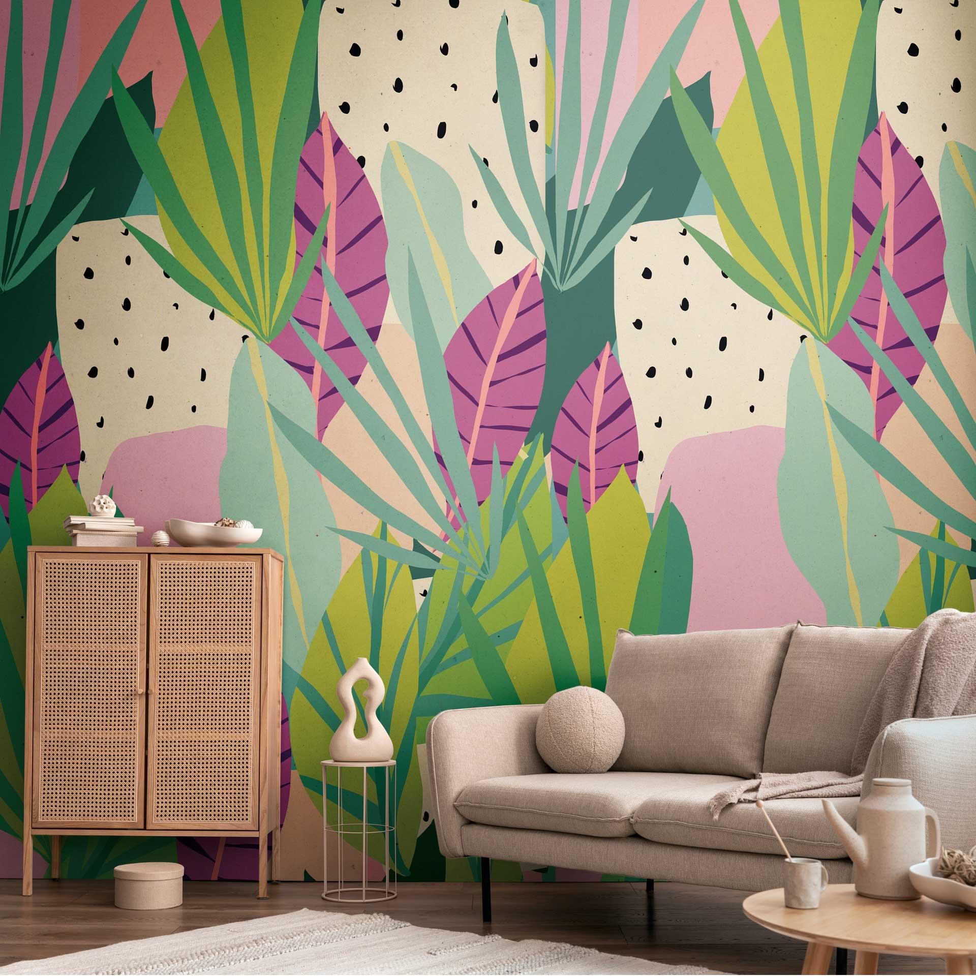 Fototapet med tropisk motiv farverigt grønt rosa - jungletapet moderne med blade - Ikke-vævet tapet