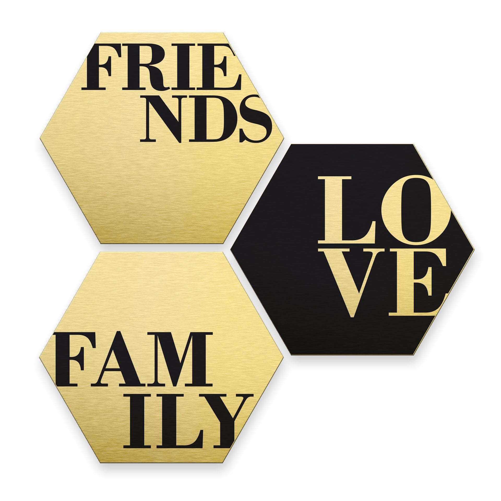 Hexagone - Alu-Dibond-Effet doré - Love, Friends, Family (Set de 3)