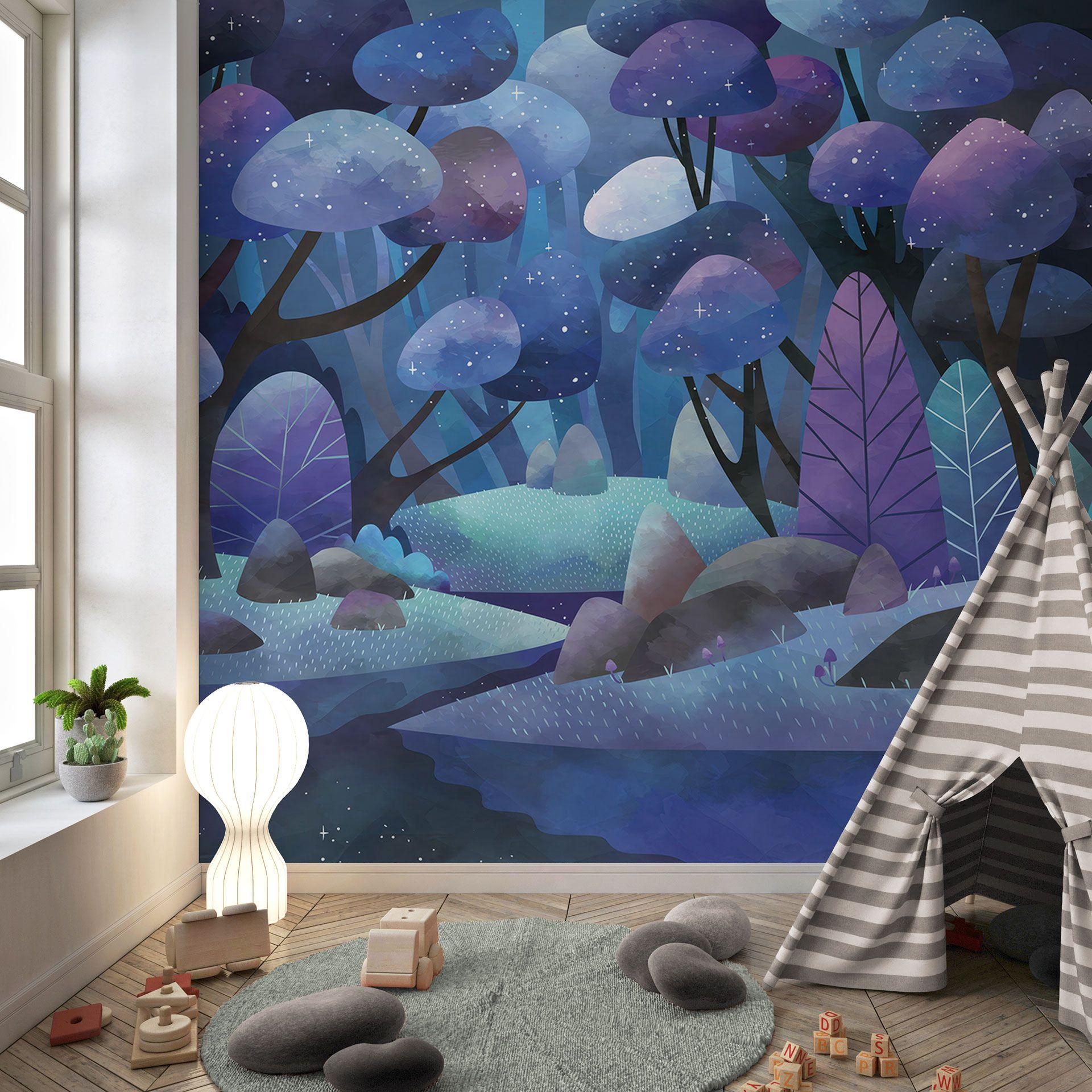 Fotomurale infantil bosque encantado en azul noche - DigitalArtsi