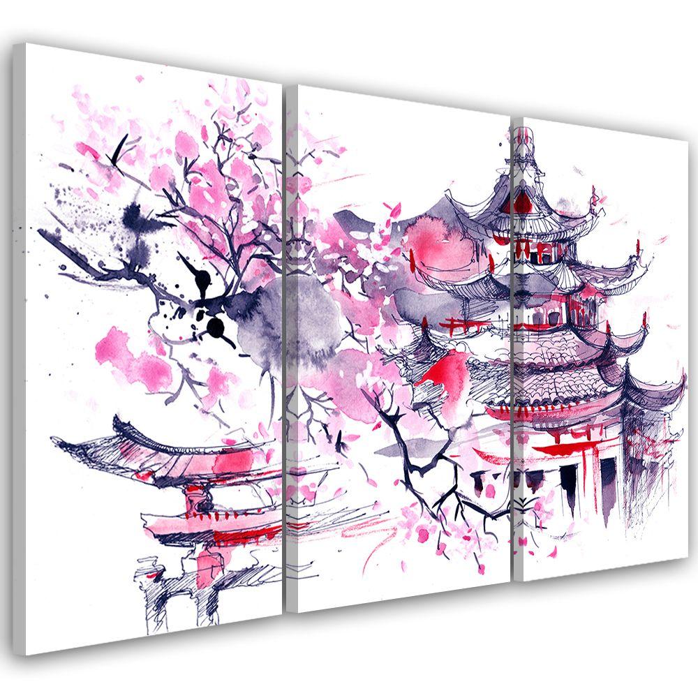 3 stykke lærredstryk, Pagoda Cherry Tree Japan Painted