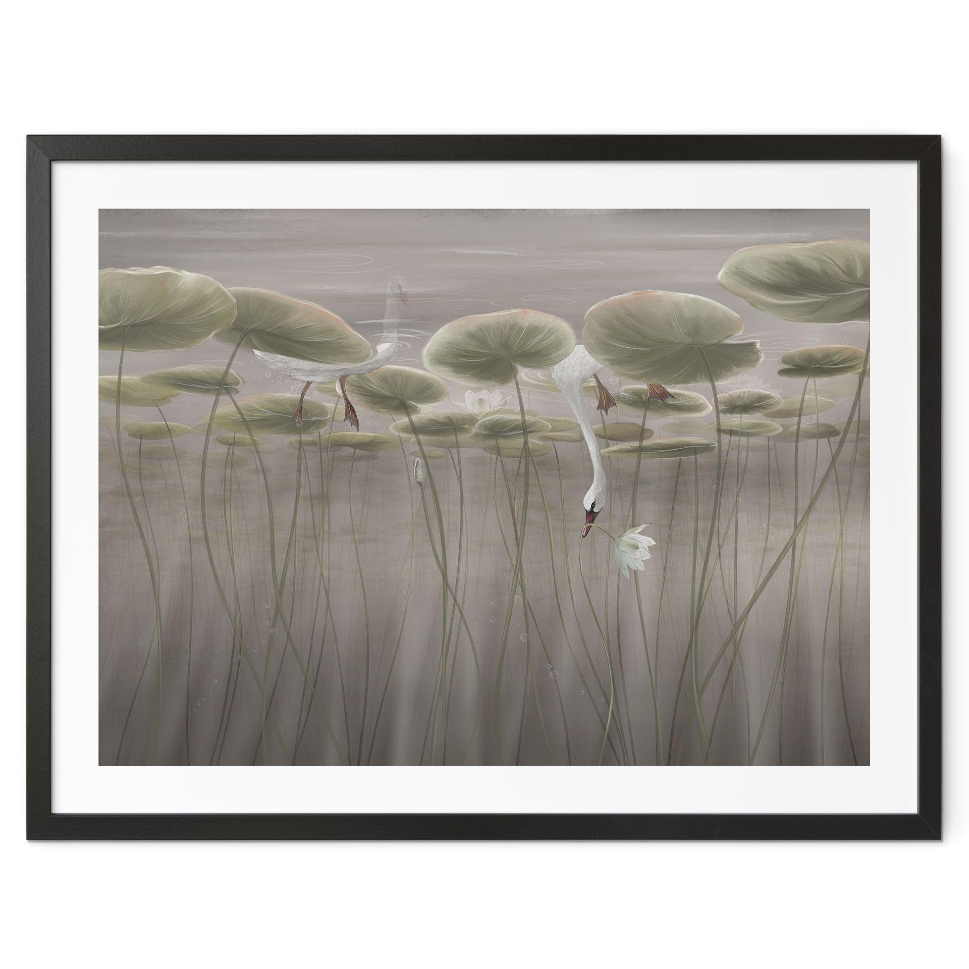 Poster lotusbloemen met zwaan in water in grijs - Ms Tiff