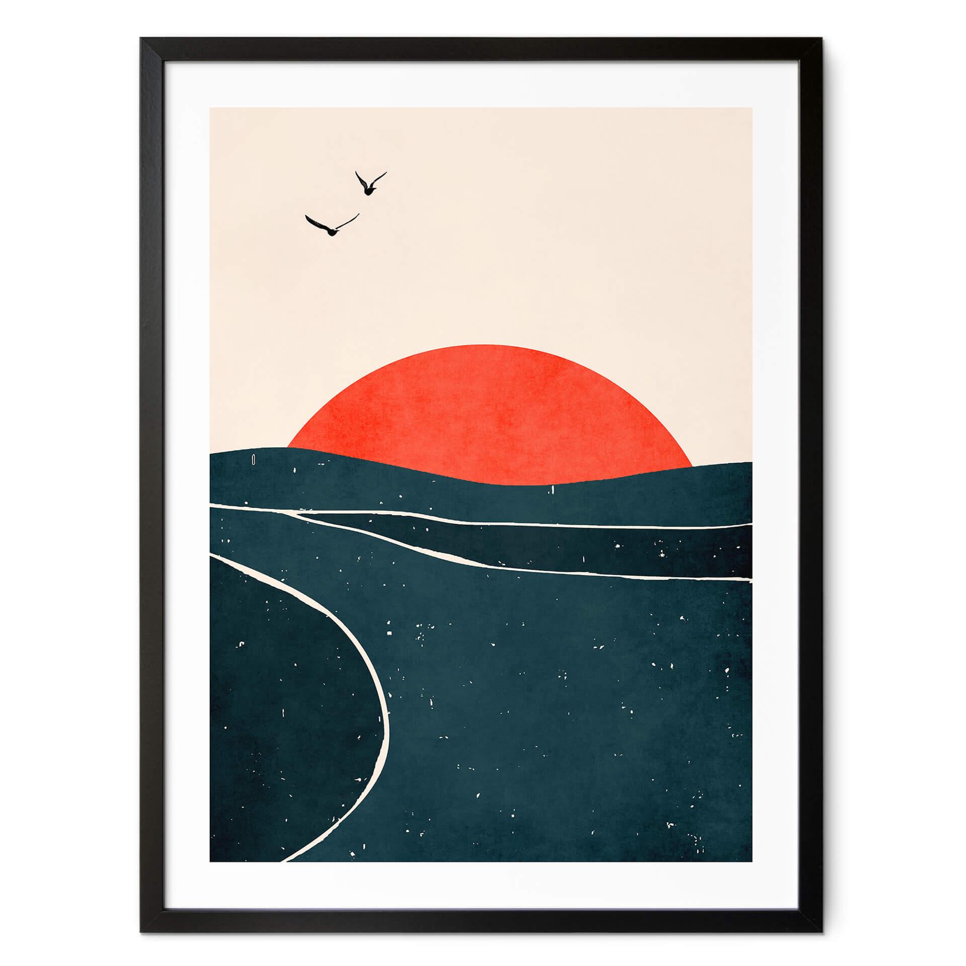 Póster puesta de sol en el mar con palomas - Kubistika