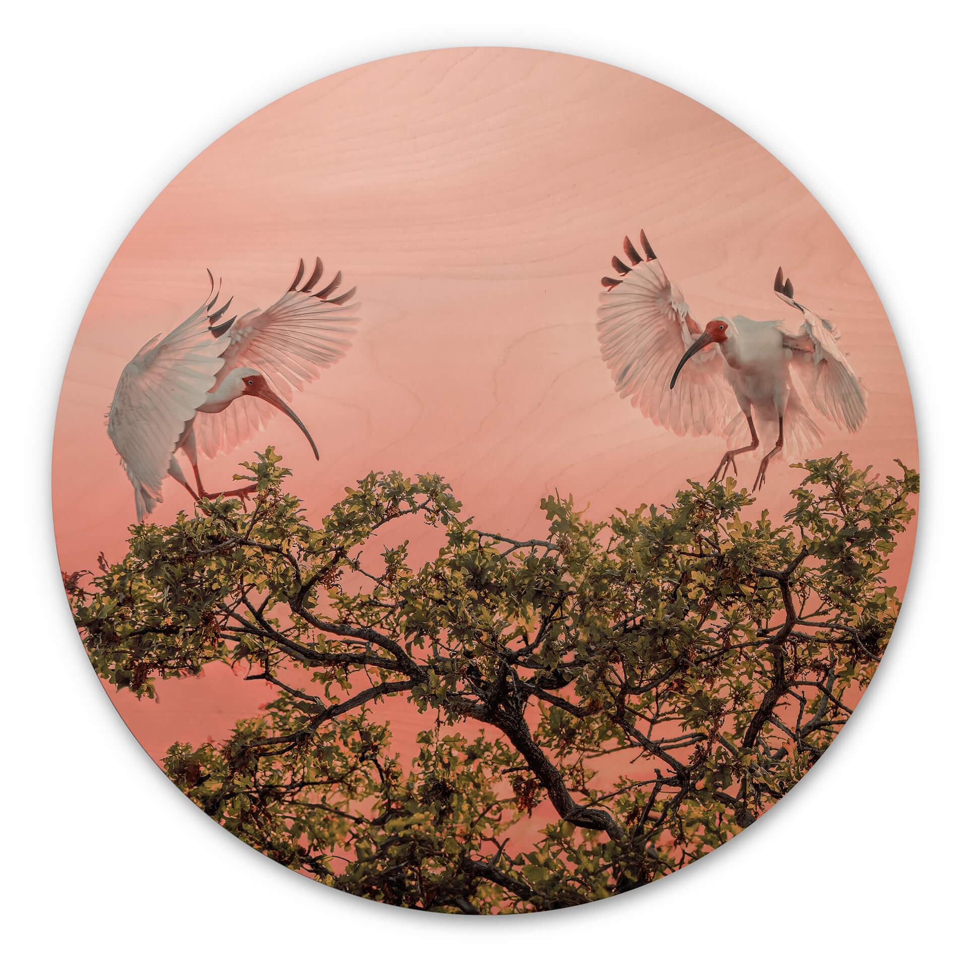 Cuadro de madera Zhao - Pareja de pájaros al atardecer - Redondo