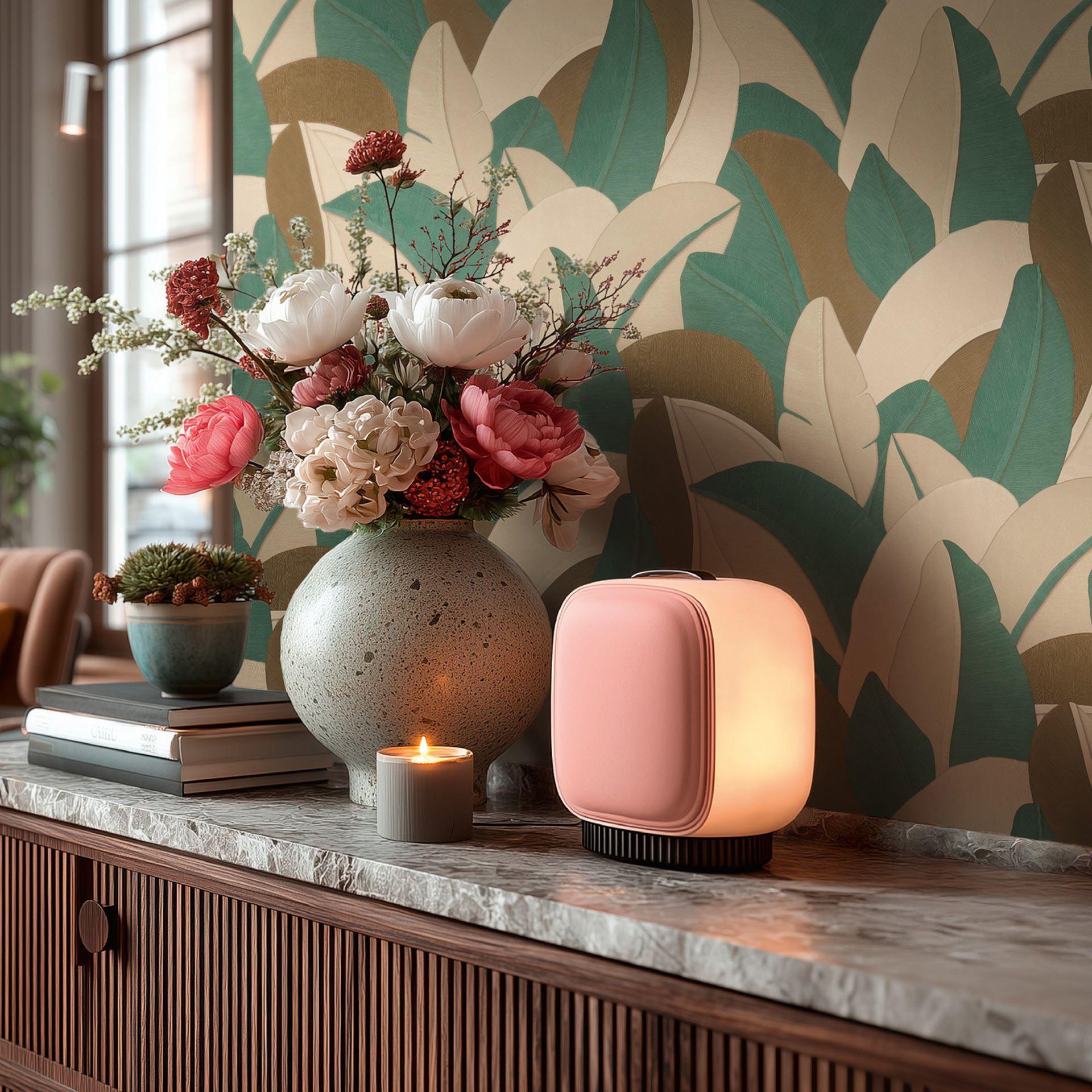 Ikke-vævet tapet Isabelle Golden Canopy palmer petrol beige - palmeblade jungle brun grøn
