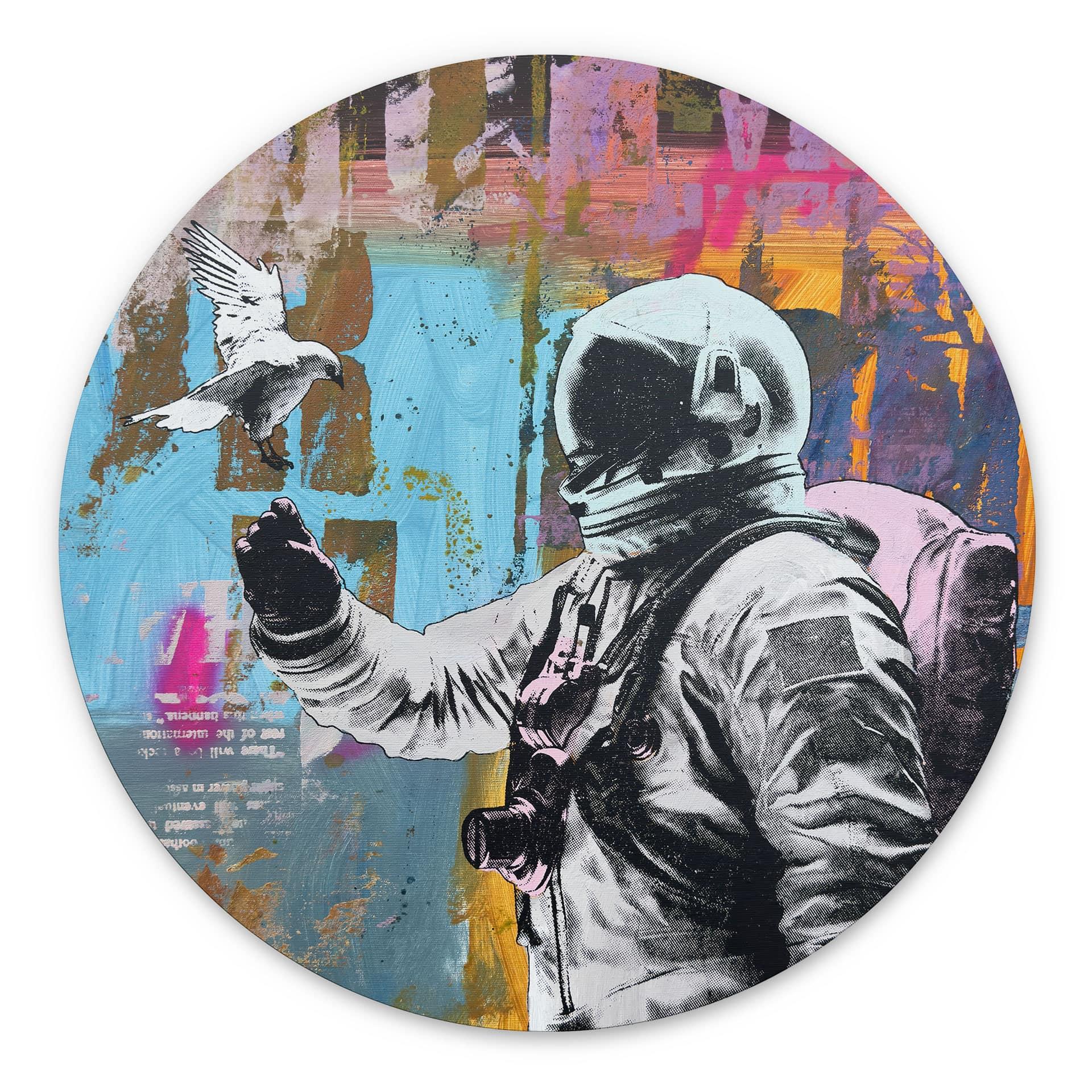 Vægmaleri Astronaut med due - Kuryliuk - rund – print på aluminium (Alu-Dibond)