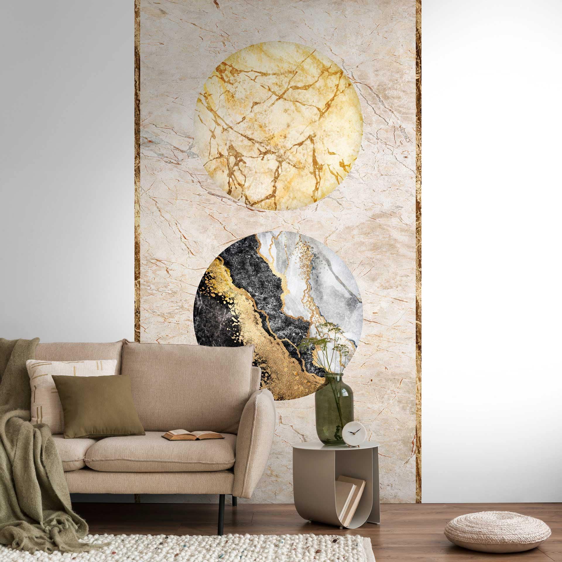 Tapet med marmor- og cirkelmotiv - non-woven tapet guld sort - stue tapet