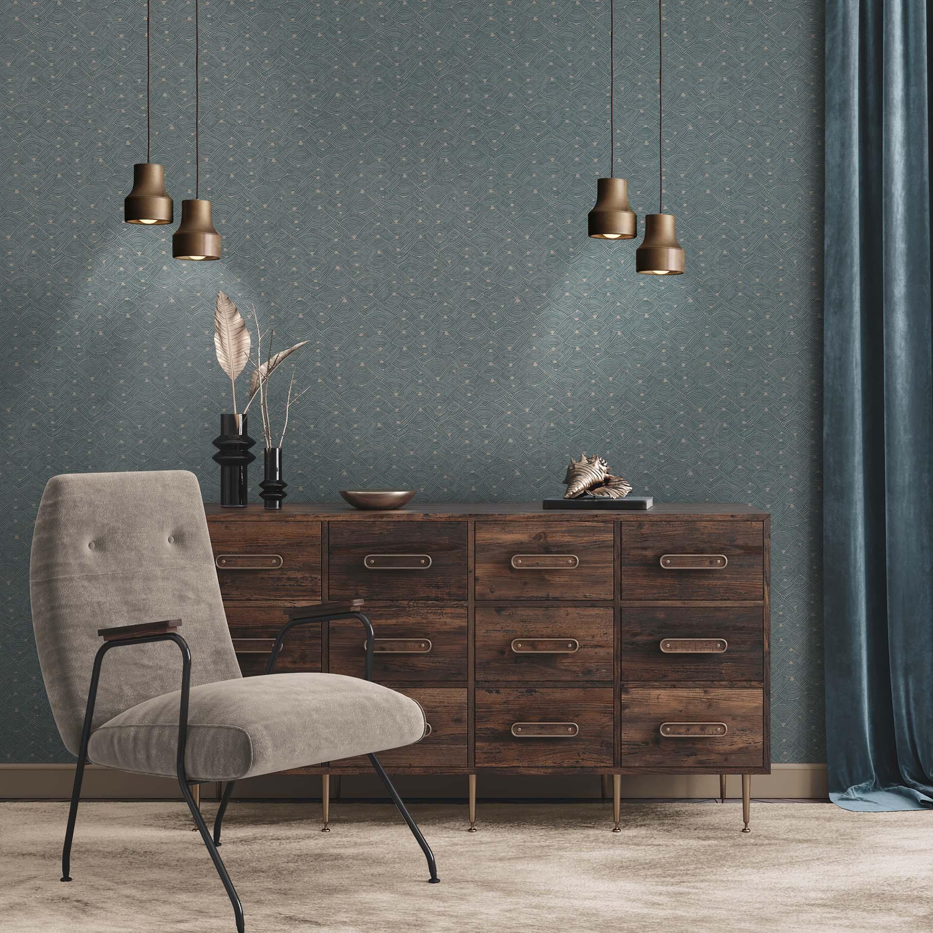 design tapet bølger blå beige - høj kvalitet vintage væg ikke-vævet tapet 