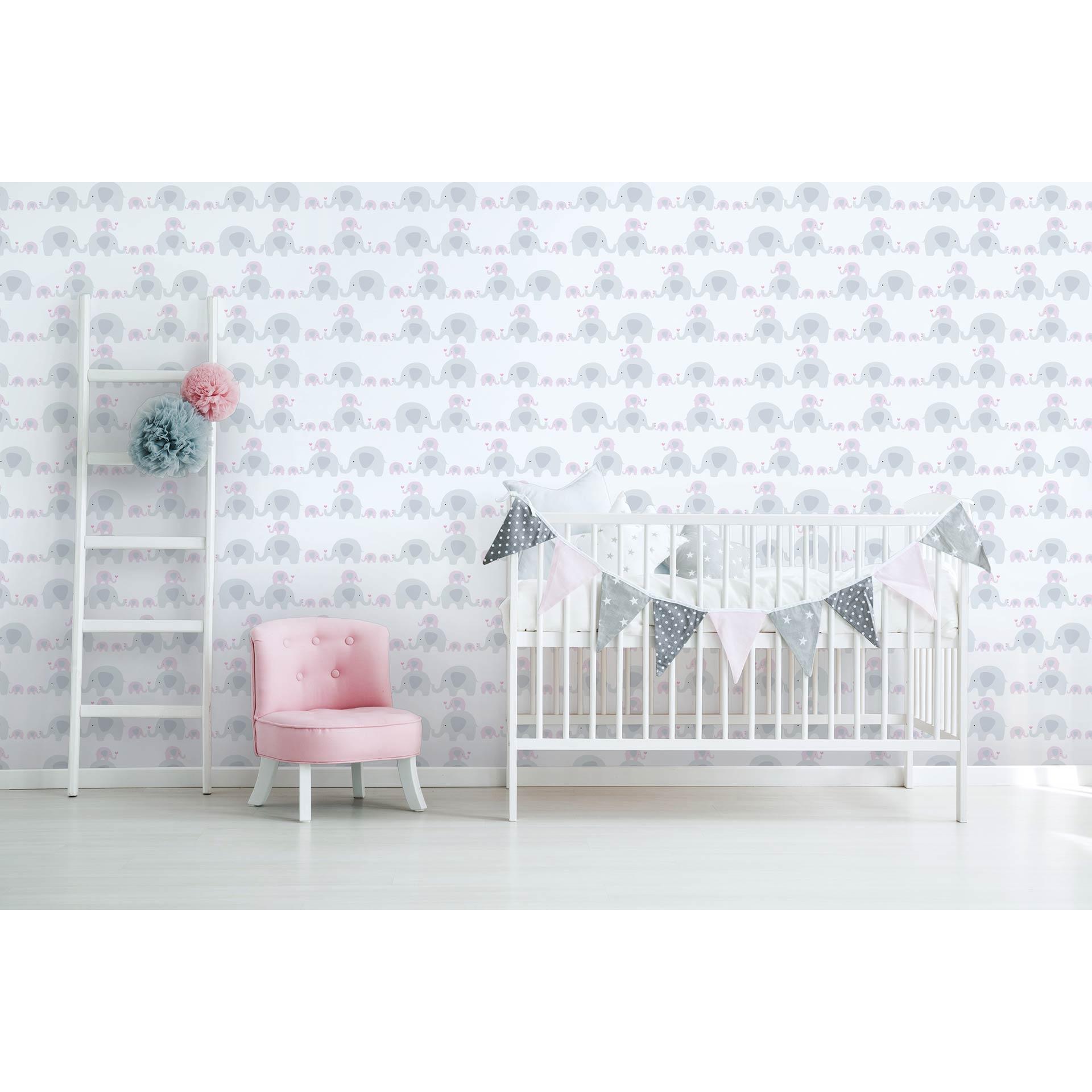 Legesygt børnetapet: elefantfamilie i hvid, grå og pink Made in Germany Little Love