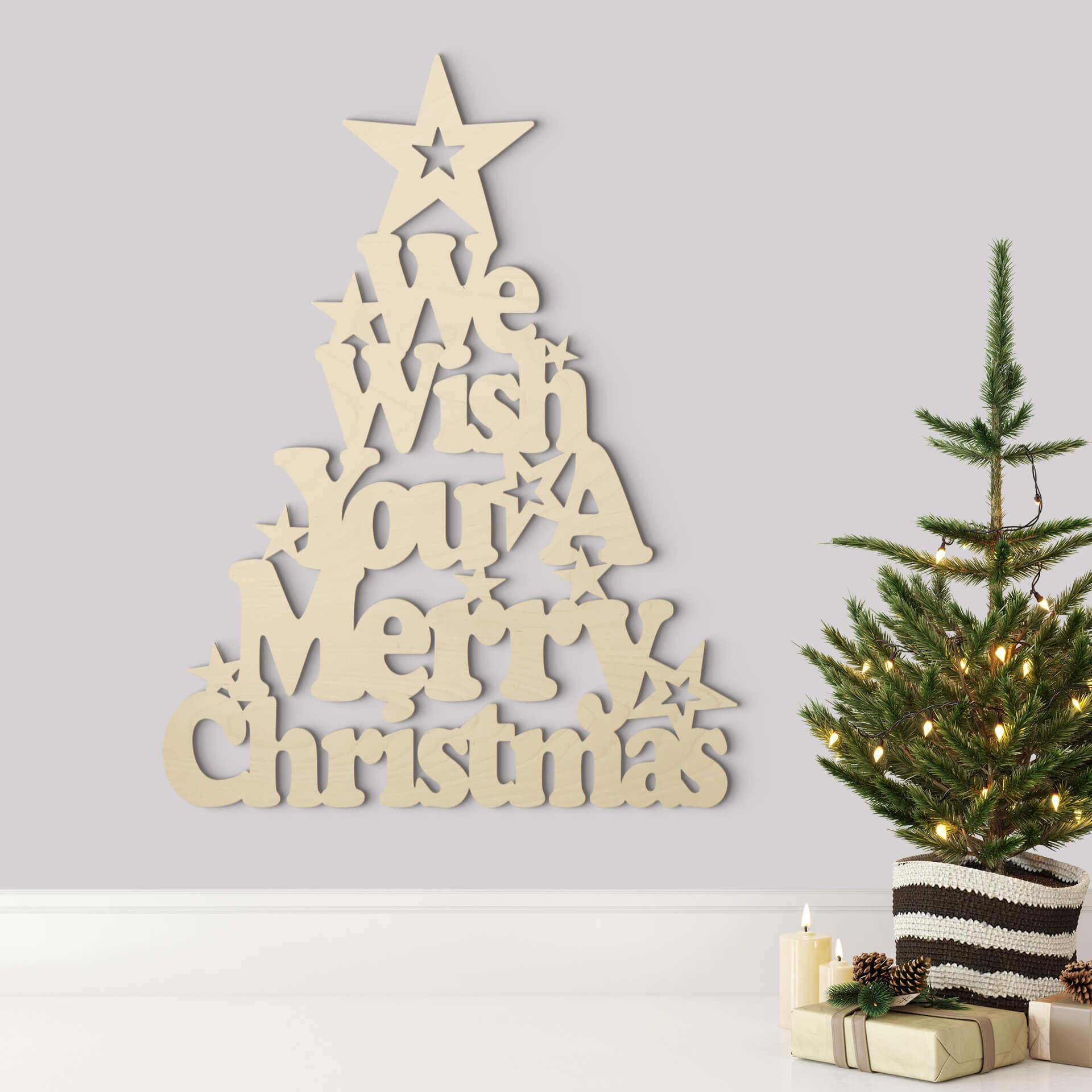 Decoración en madera - Árbol de Navidad Le deseamos una feliz Navidad - Madera de álamo