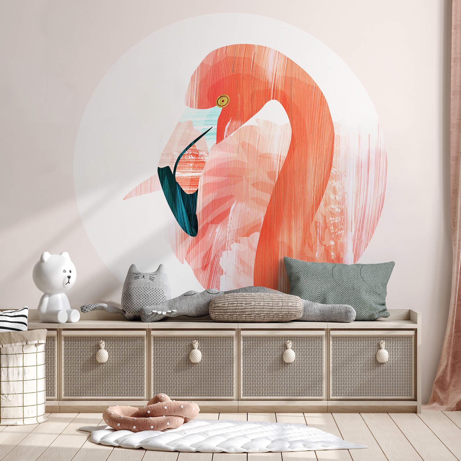 Fototapet - Rundt Goed Blauw - Pink Flamingo - vliesetapet/selvklæbende non-woven tapet
