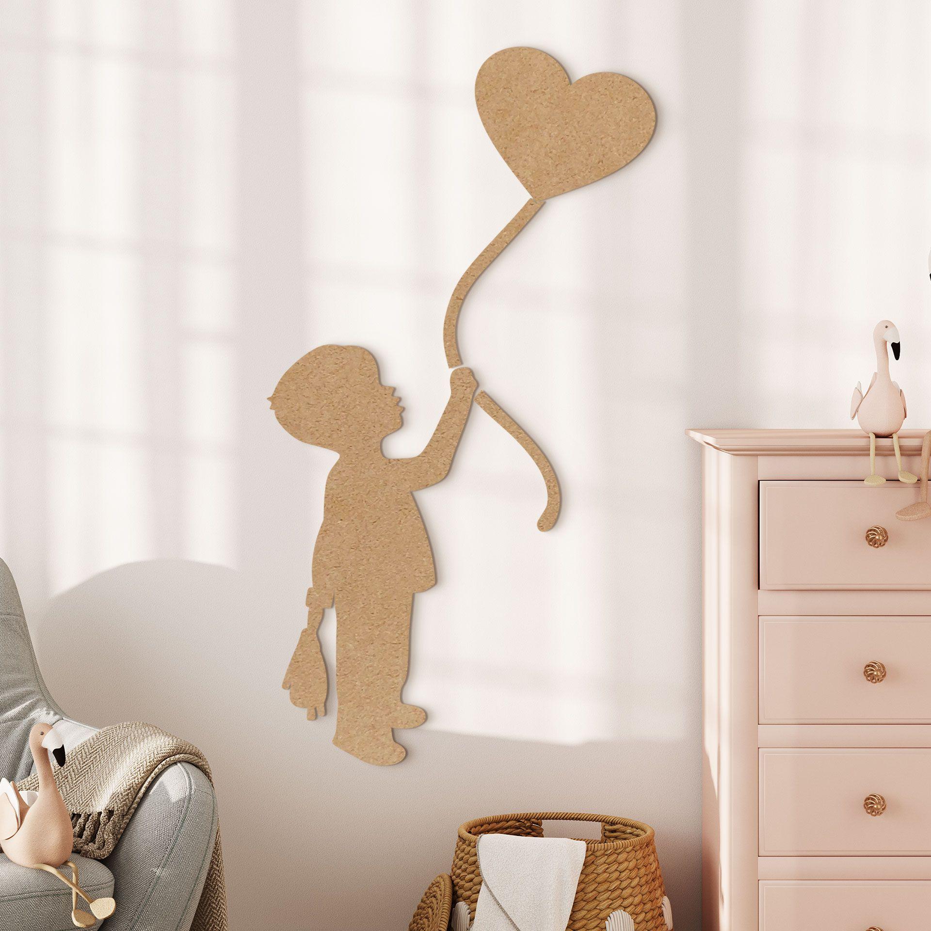Decoración mural habitación infantil niño con globo corazón - MDF naturaleza