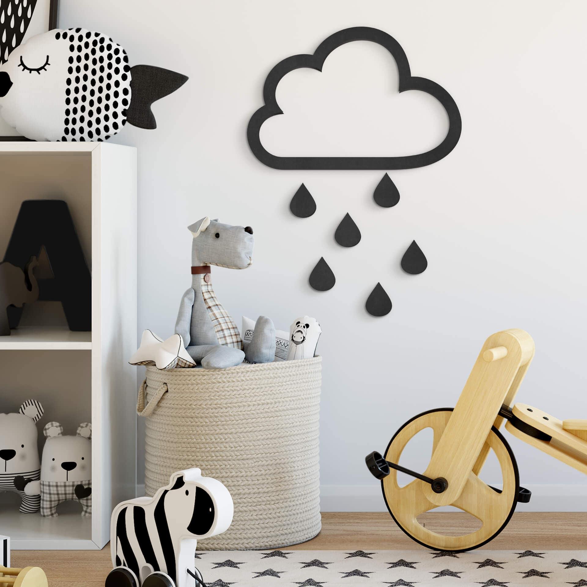 MDF - Decoración en madera nube con gotas (7 piezas)