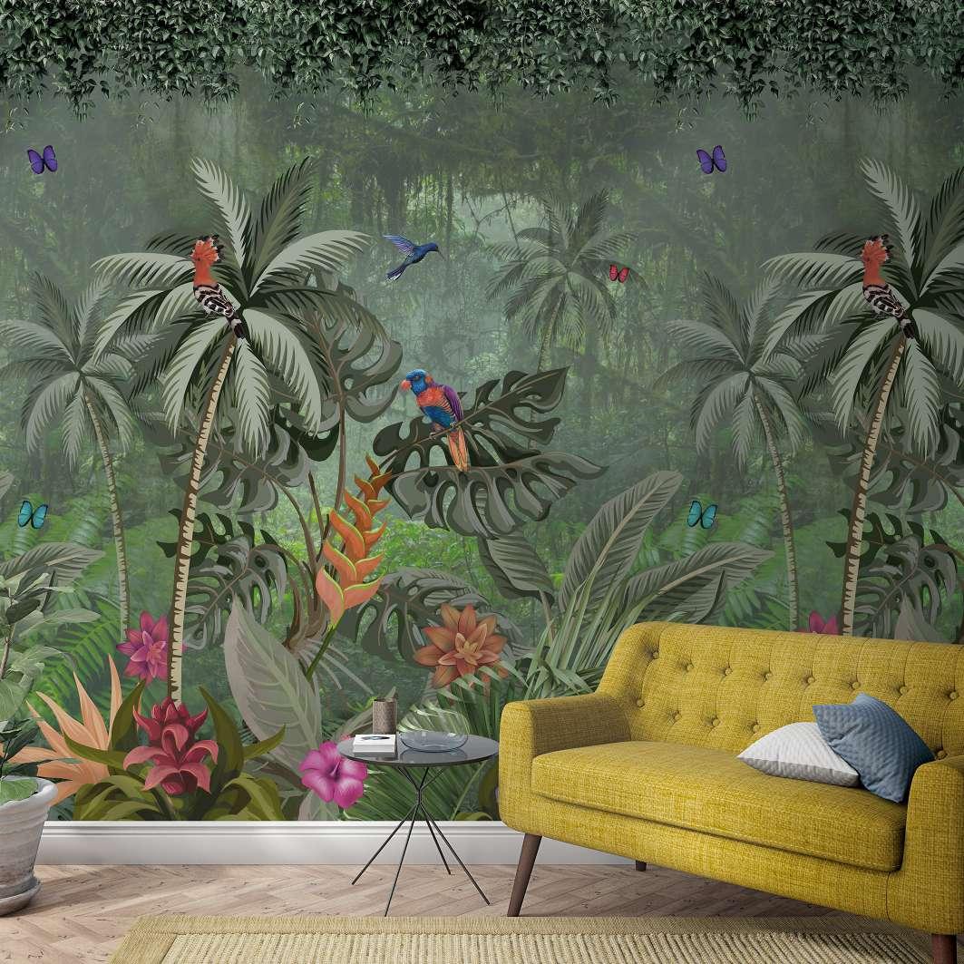 Fototapet med junglemotiv og dyr, grøn, blomst 2,70 x 2,12 m