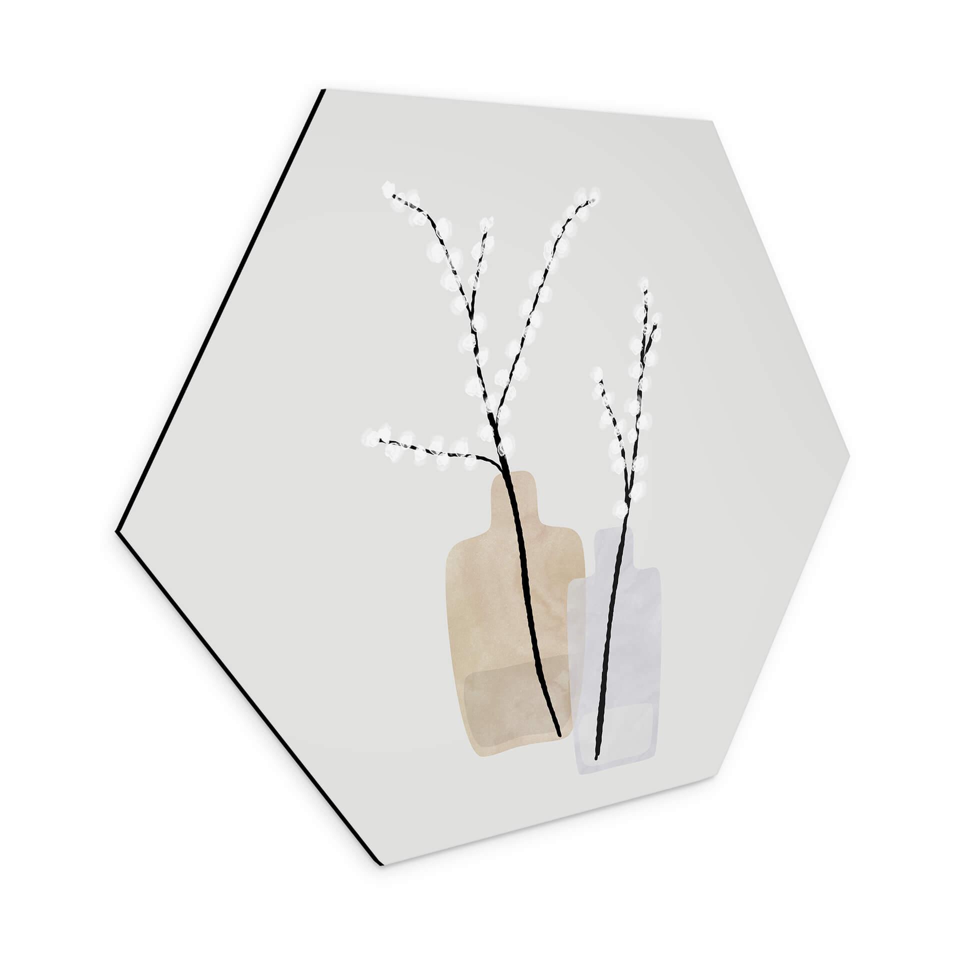 Hexagone - alu-Dibond Blursbyai - Deux vases avec des branches de saule dans des tons pastels