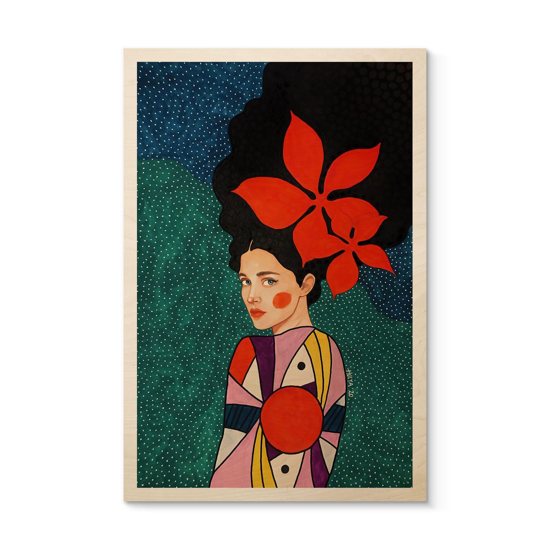 Cuadro de madera mujer con flores rojas y vestido estampado - Hülya