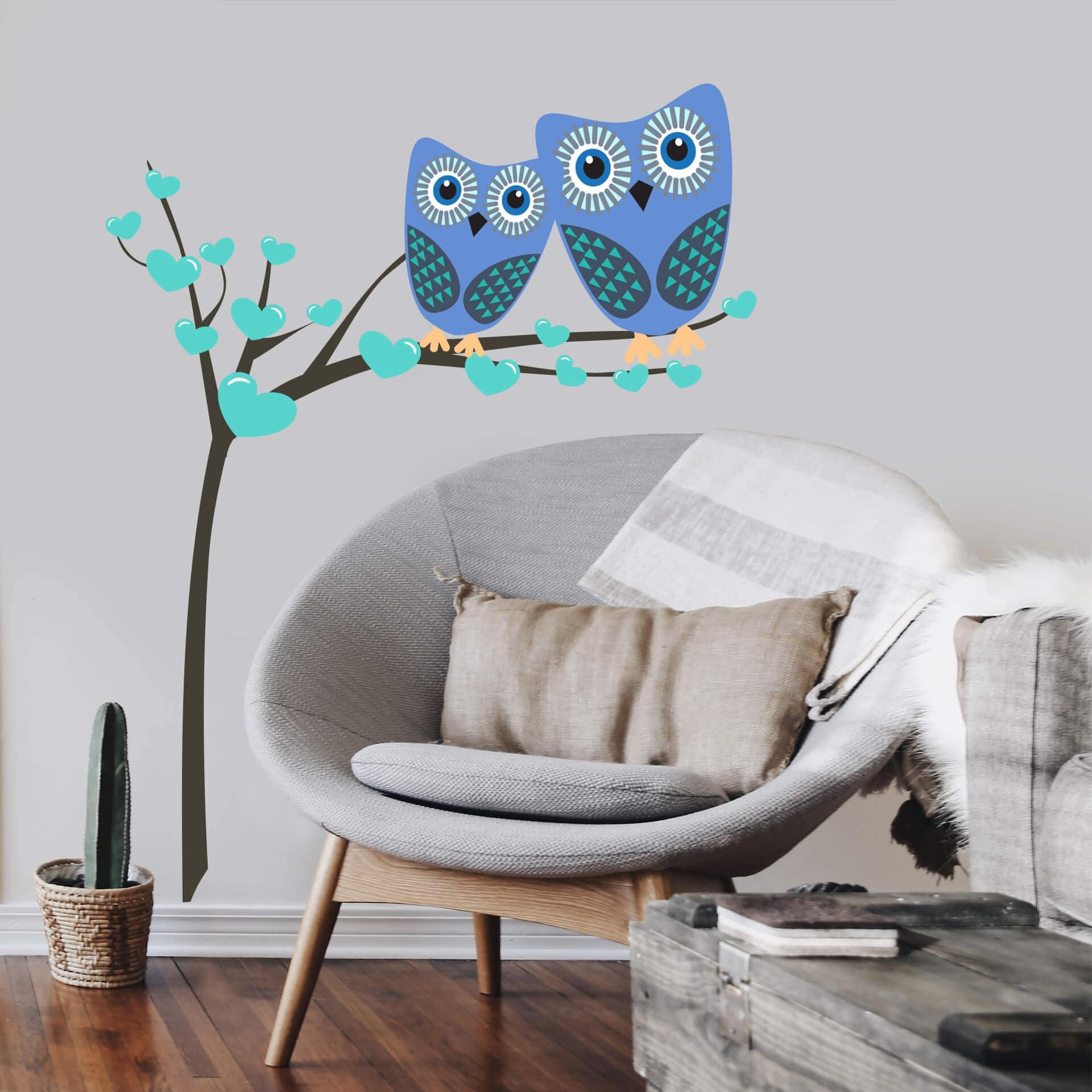 Sticker mural - Hiboux sur arbre (bleu)