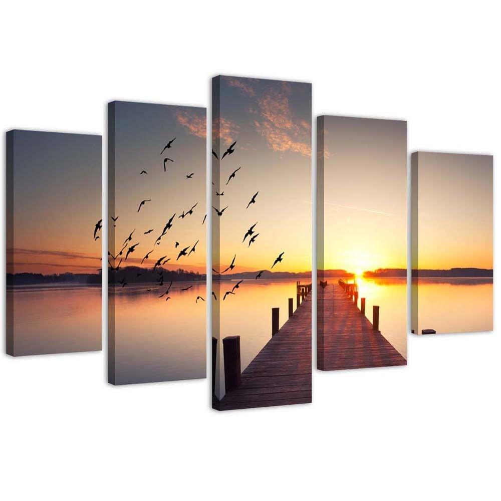 Lærredstryk 5 stykker, Jetty Birds Sunset