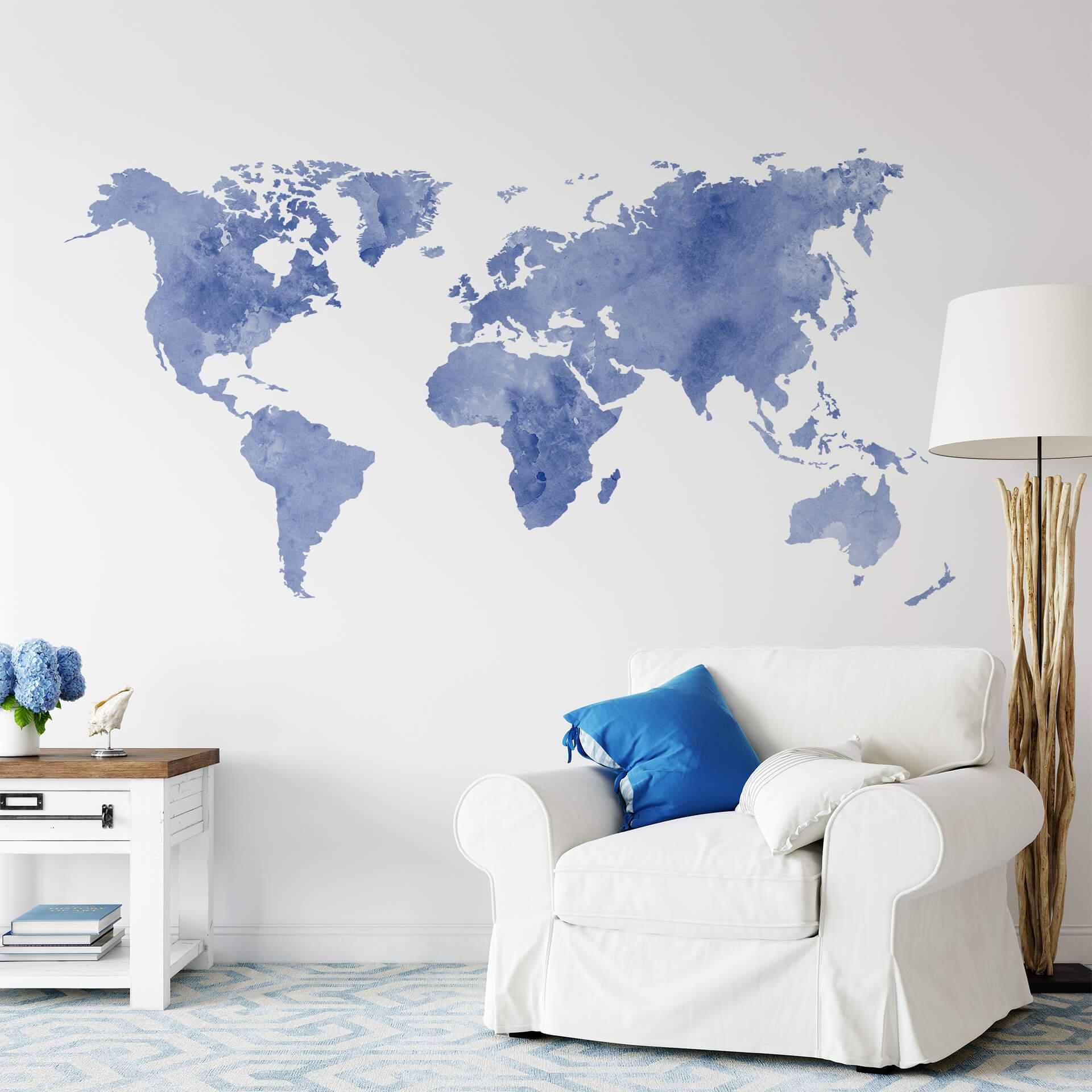 Wallsticker - Verdenskort Aquarel, blå
