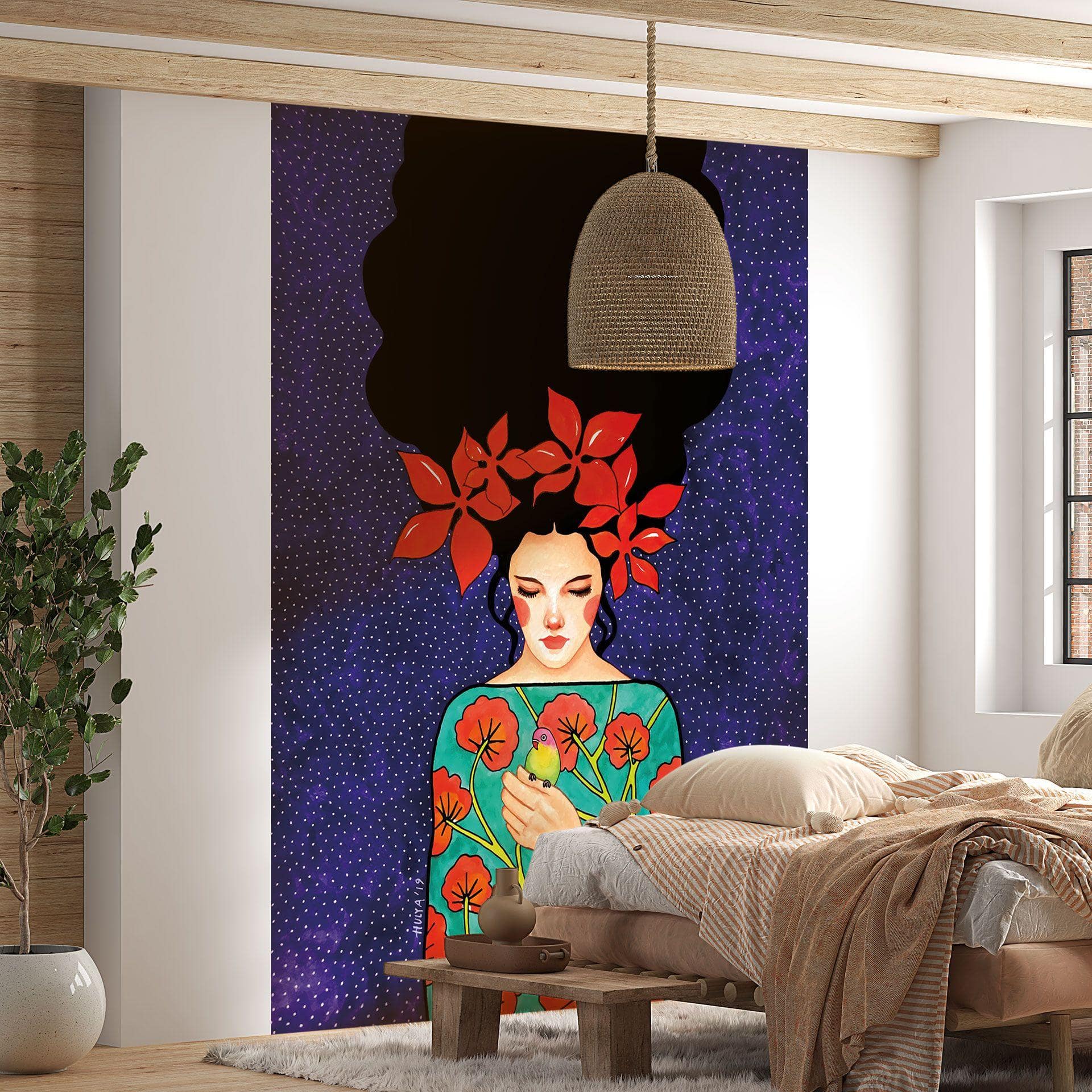 Fotomural boho - mujer con corona de flores rojas y pájaro - Hülya