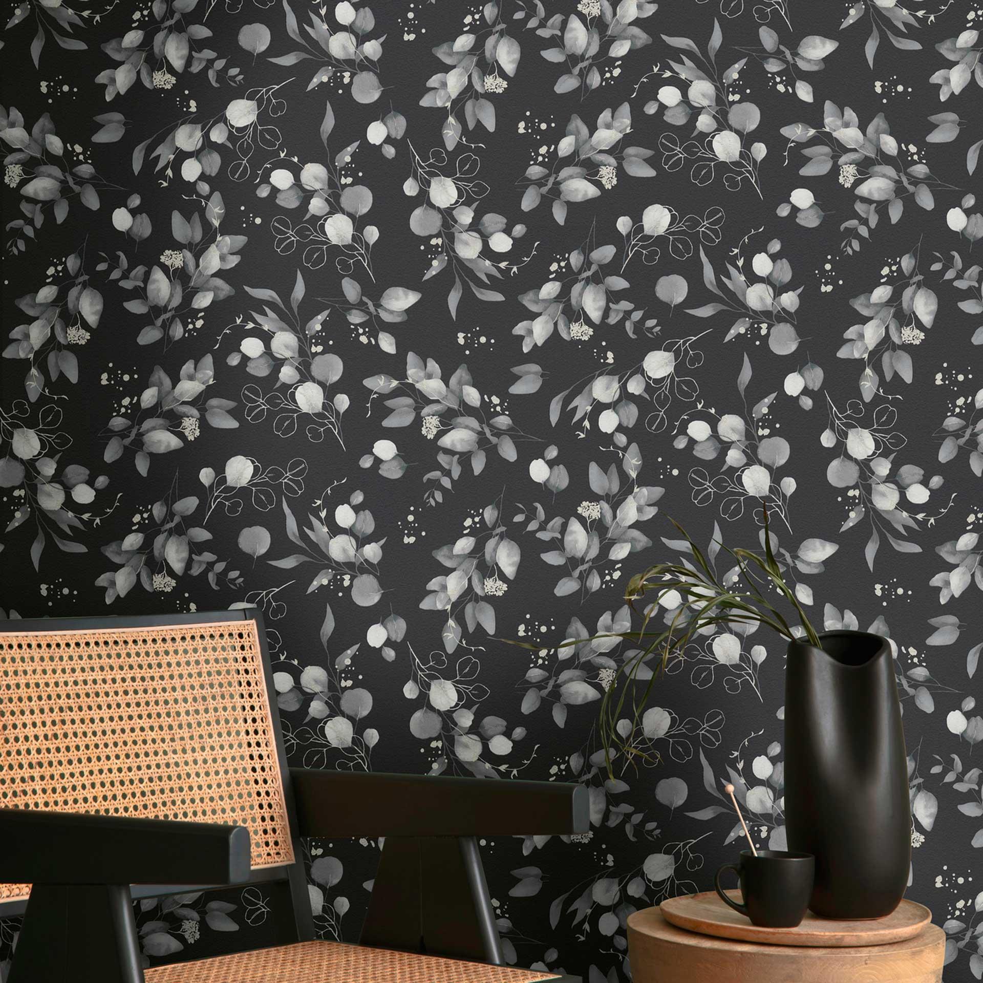 Blomstret akvareltapet sortgrå - Ikke-vævet tapet med blade - elegant naturmotiv