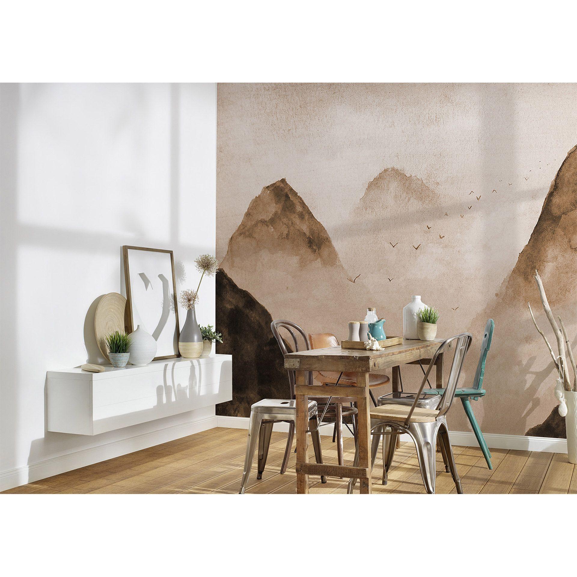 Non-woven tapet Designwalls i beige og sort non-woven tapet Misty Rocks fugle natur