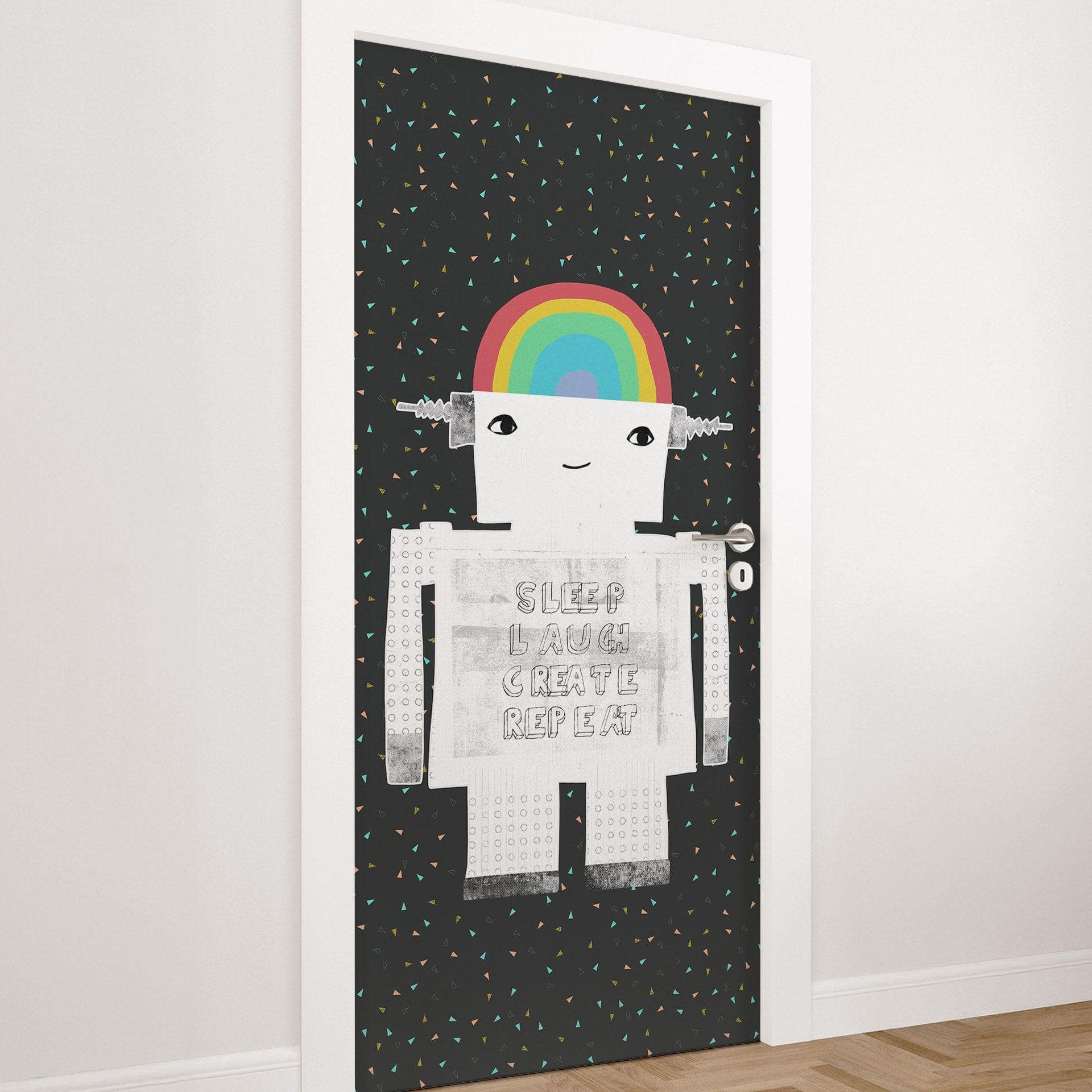 Dørfilm regnbuerobot Sleep Laugh Create - Treechild