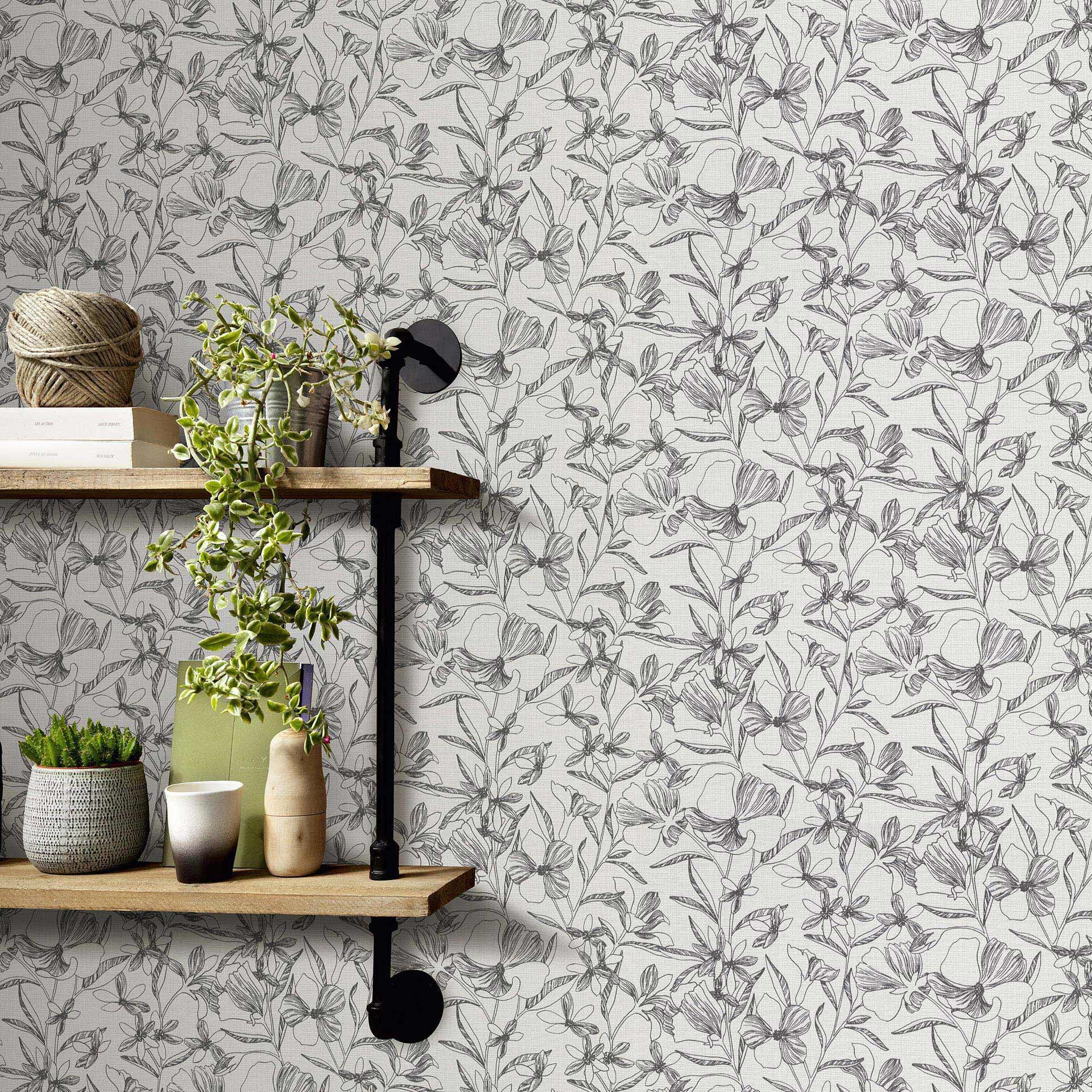 Papel pintado no tejido, papel pintado motivo floral La Terrasse gris