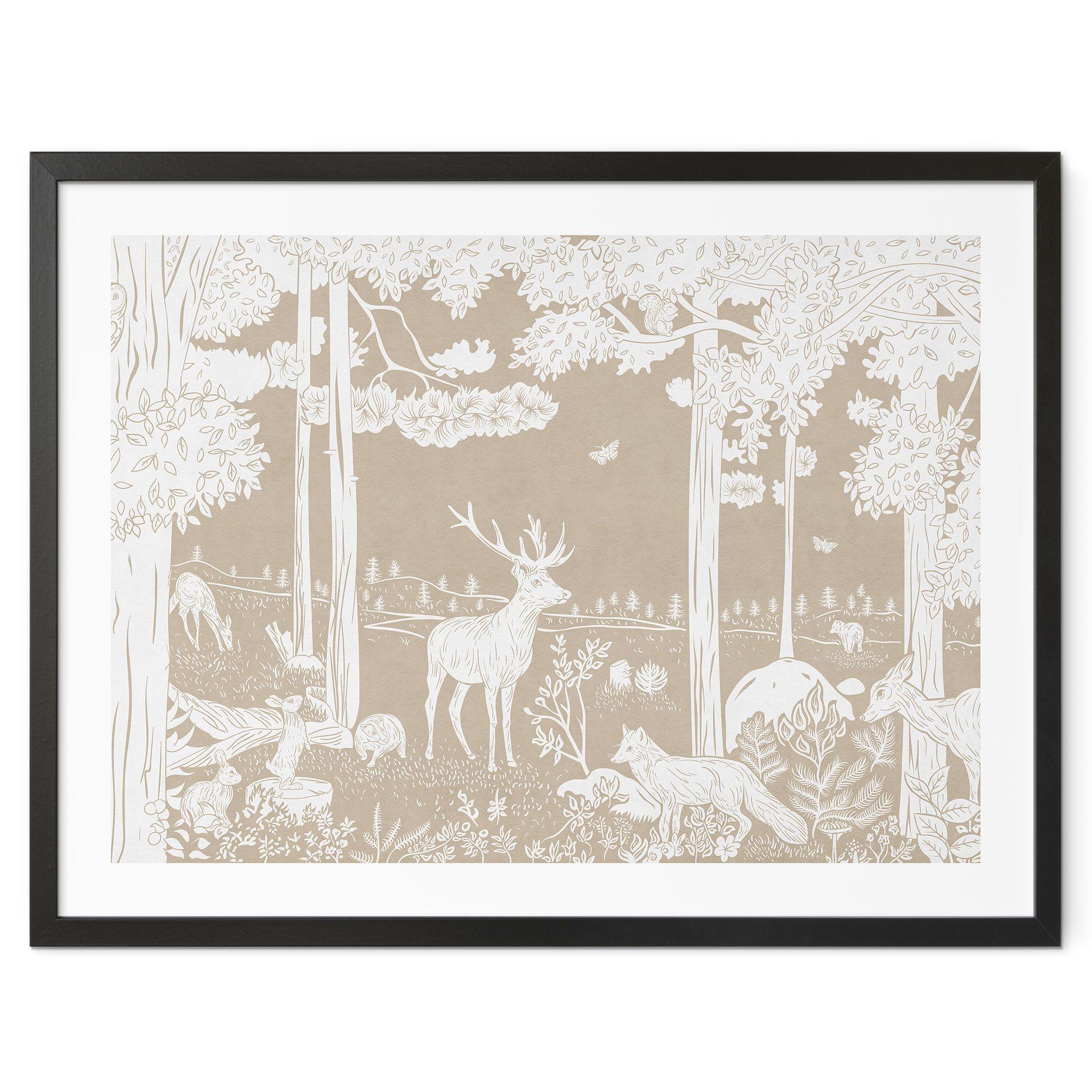 Póster Bosque otoñal con ciervos y zorros - Marrón - Kikki Belle