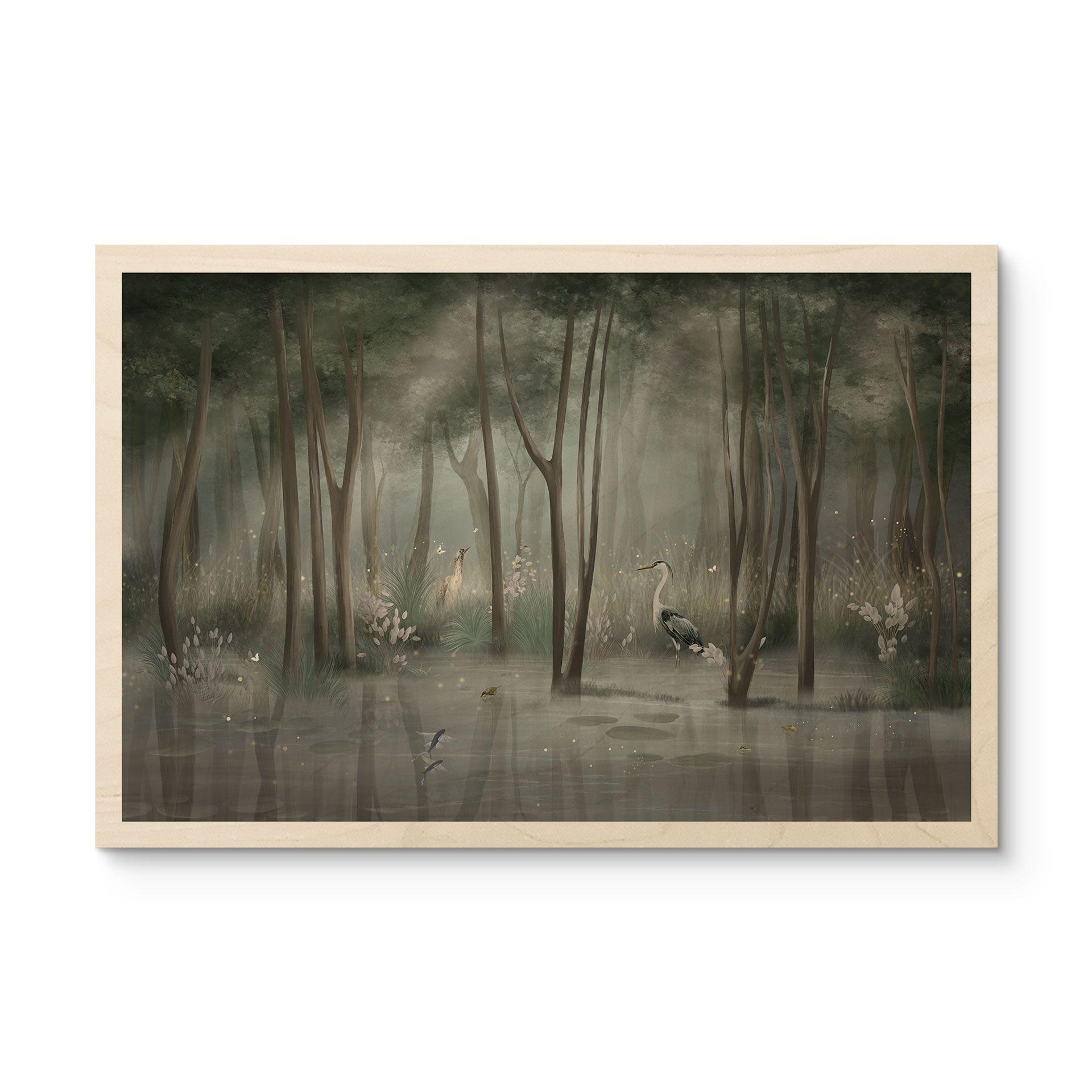 Houten Wanddecoratie wolkenbos bij een meer met reiger in het groen - Ms Tiff