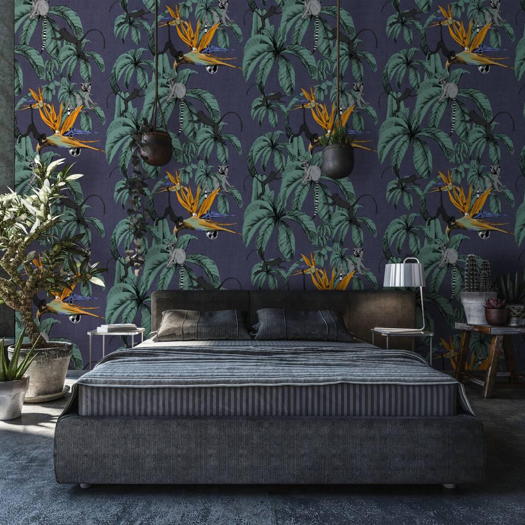 Fototapet med aber og planter, blå illustration 2,70 x 2,12 m