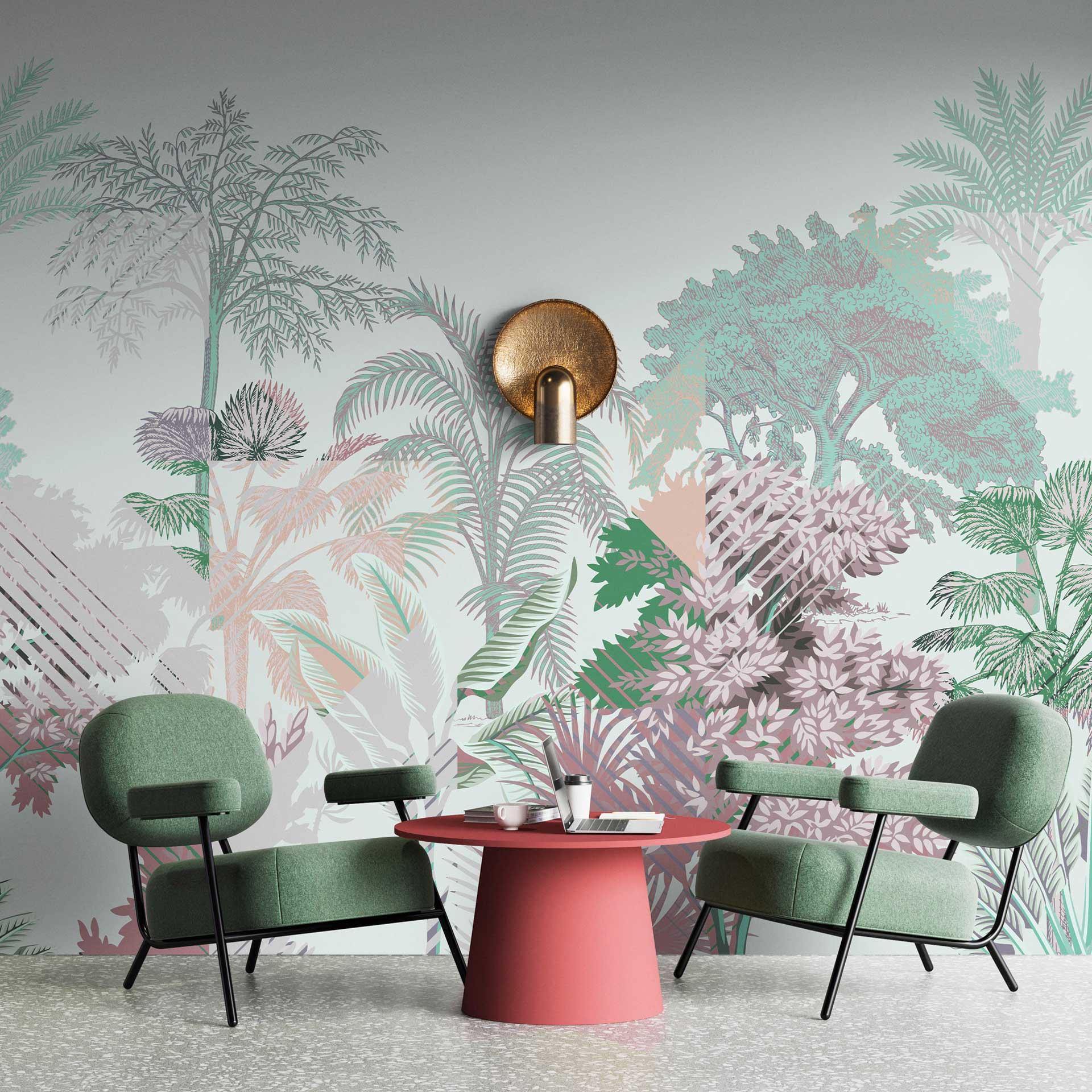 Tropisk fototapet i pastelfarver - non-woven tapet med palme- og bregnemotiver