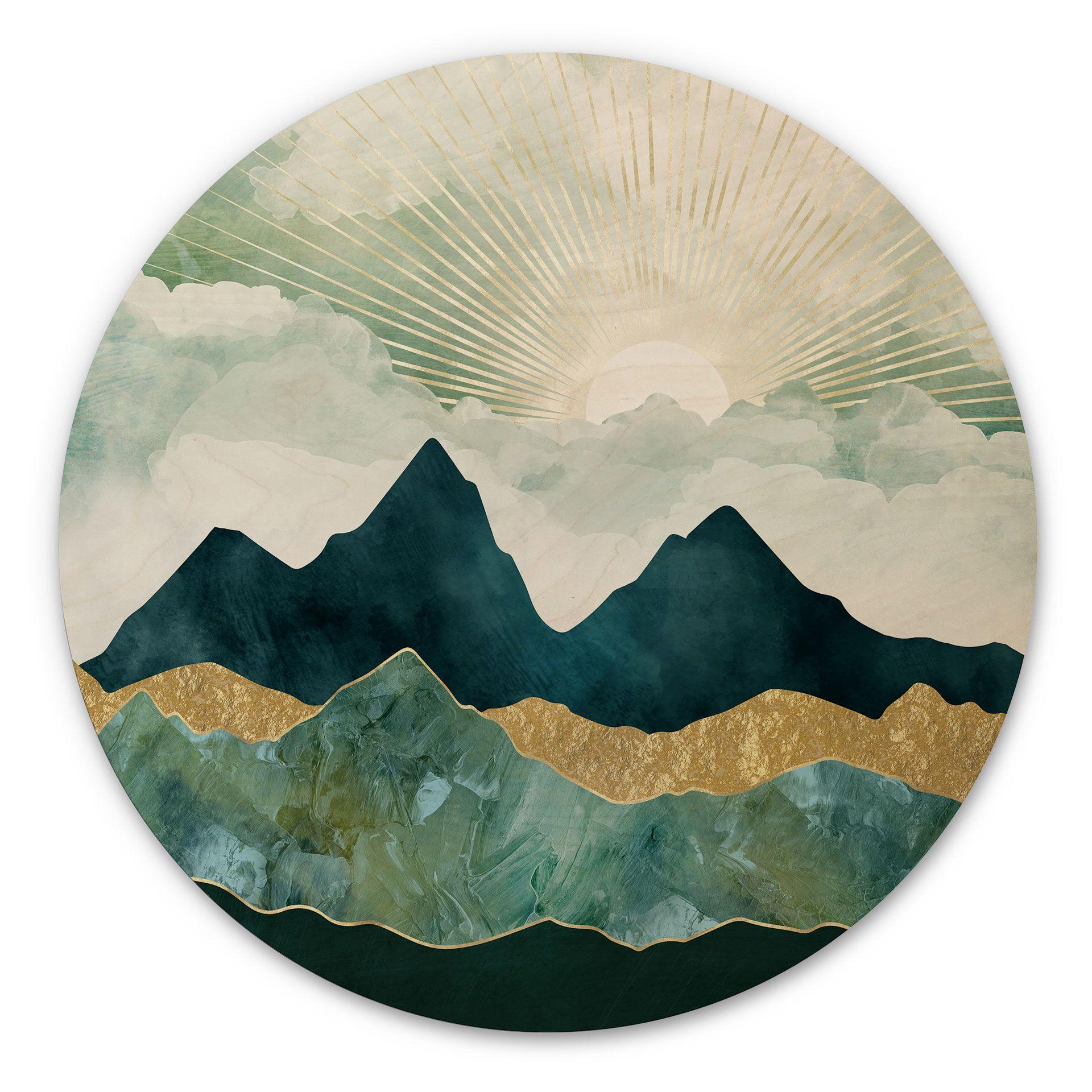 Cuadro de madera Paisaje soleado en azul y oro - SpaceFrog Designs - Redondo