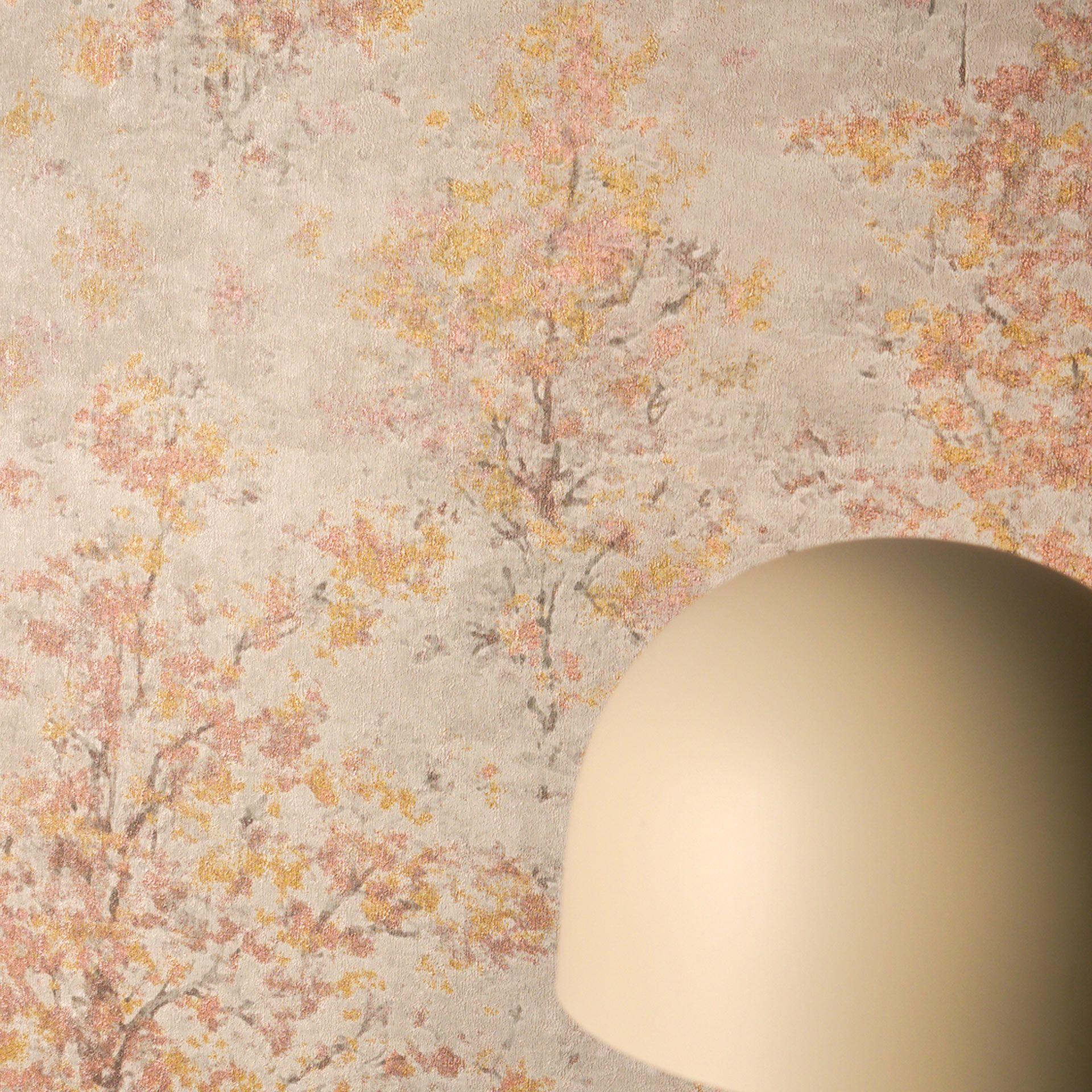 Papier peint intissé Astrid Whispering Woods beige jaune marron - papier peint forêt arbres aquarell