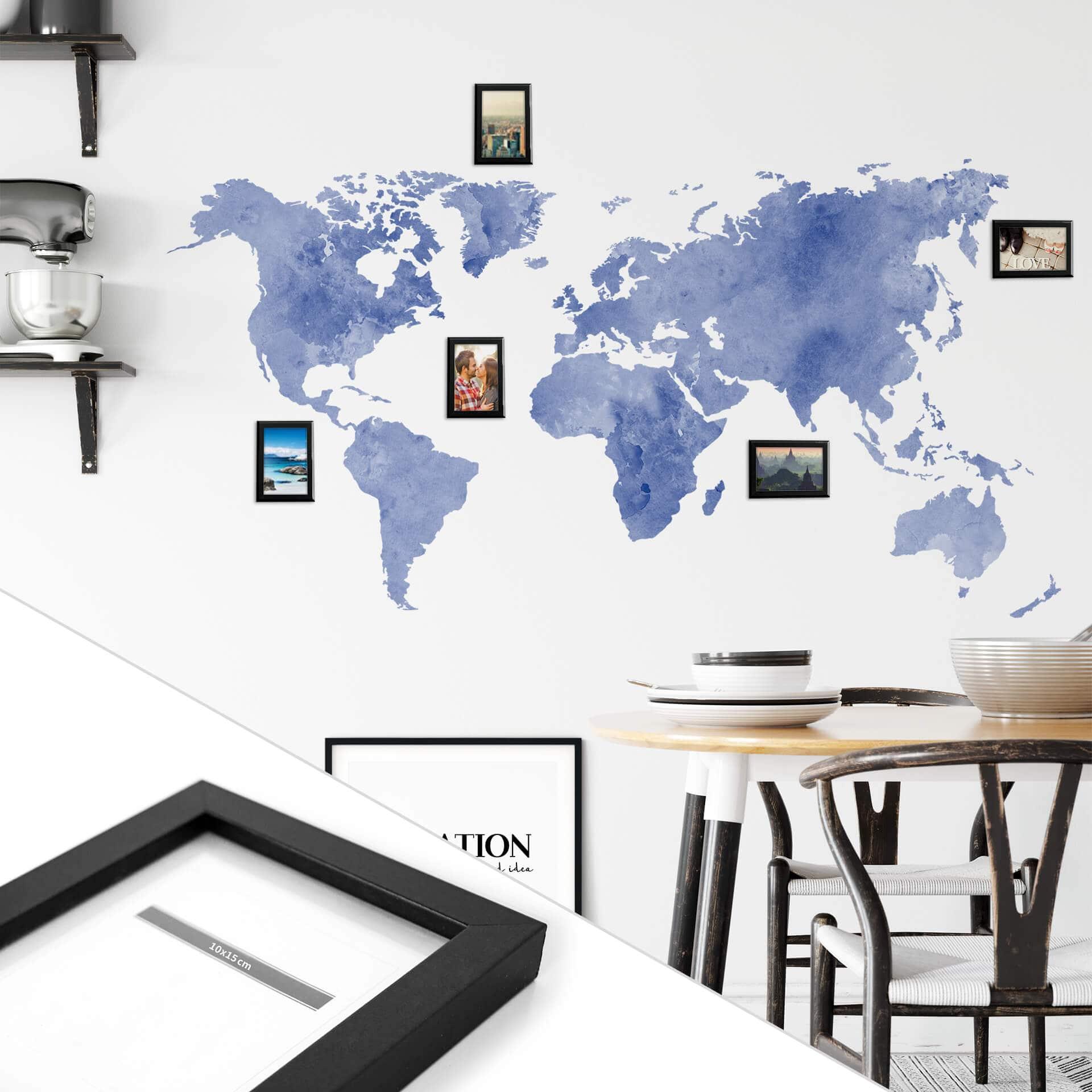 Sticker mural Mappemonde (Bleu) + 5 cadres photo  