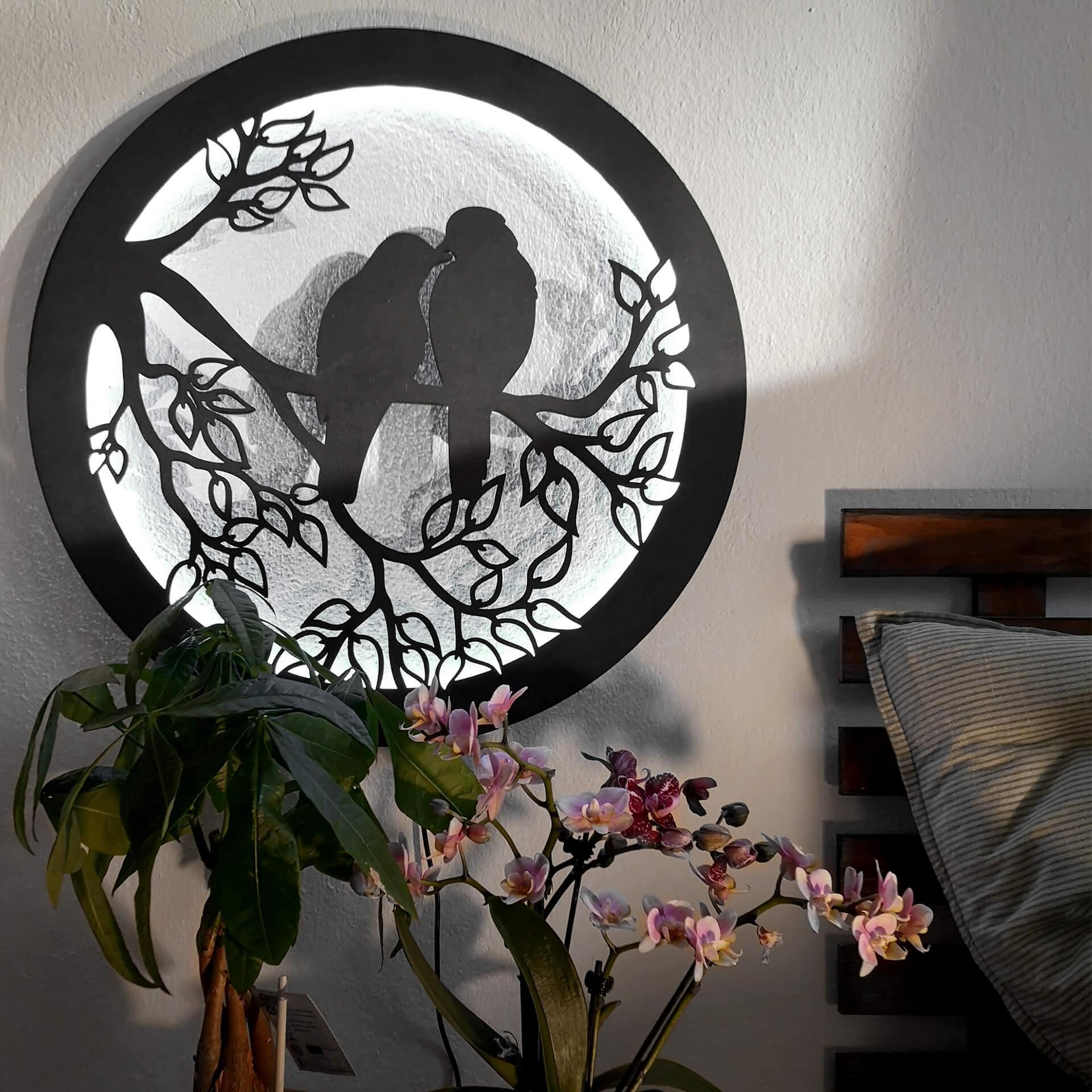 Décoration lumineuse LED en MDF - Deux oiseaux sur une branche