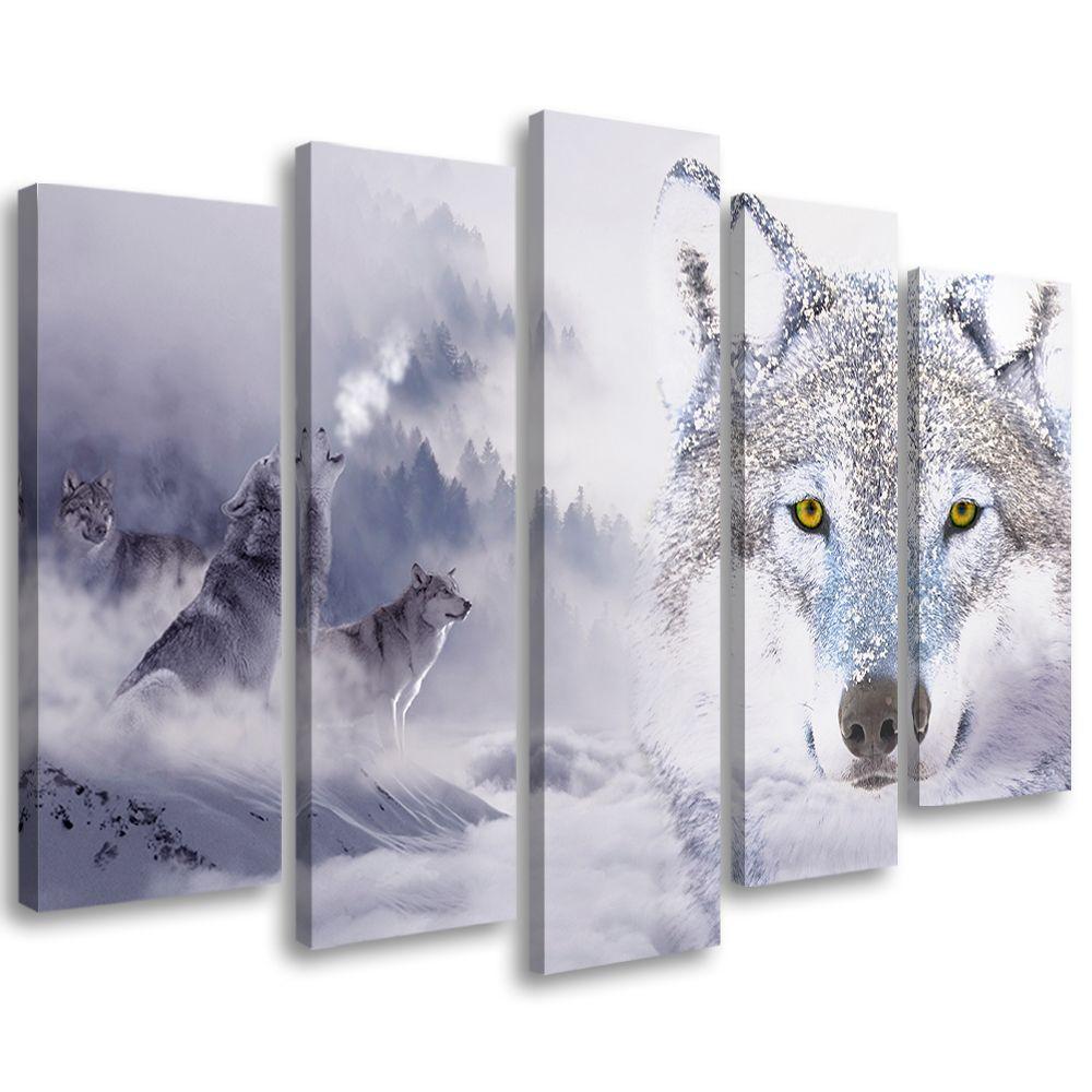 5 stykke lærredsprint, Wolf Forest Fog Nature Grey