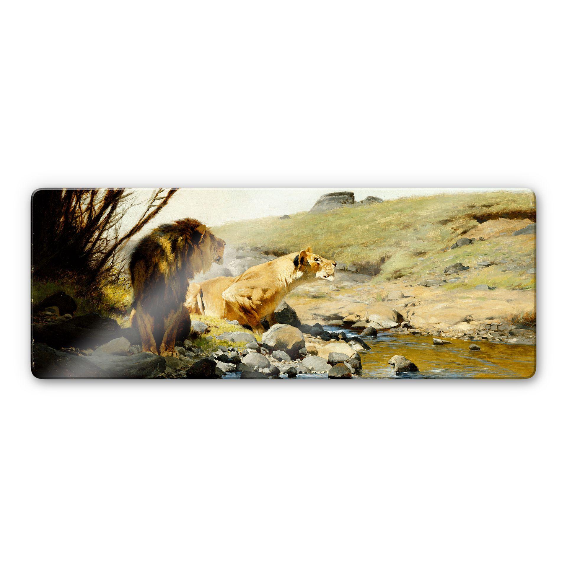Tableau en verre - Kuhnert - Un lion et une lionne au bord d'un ruisseau