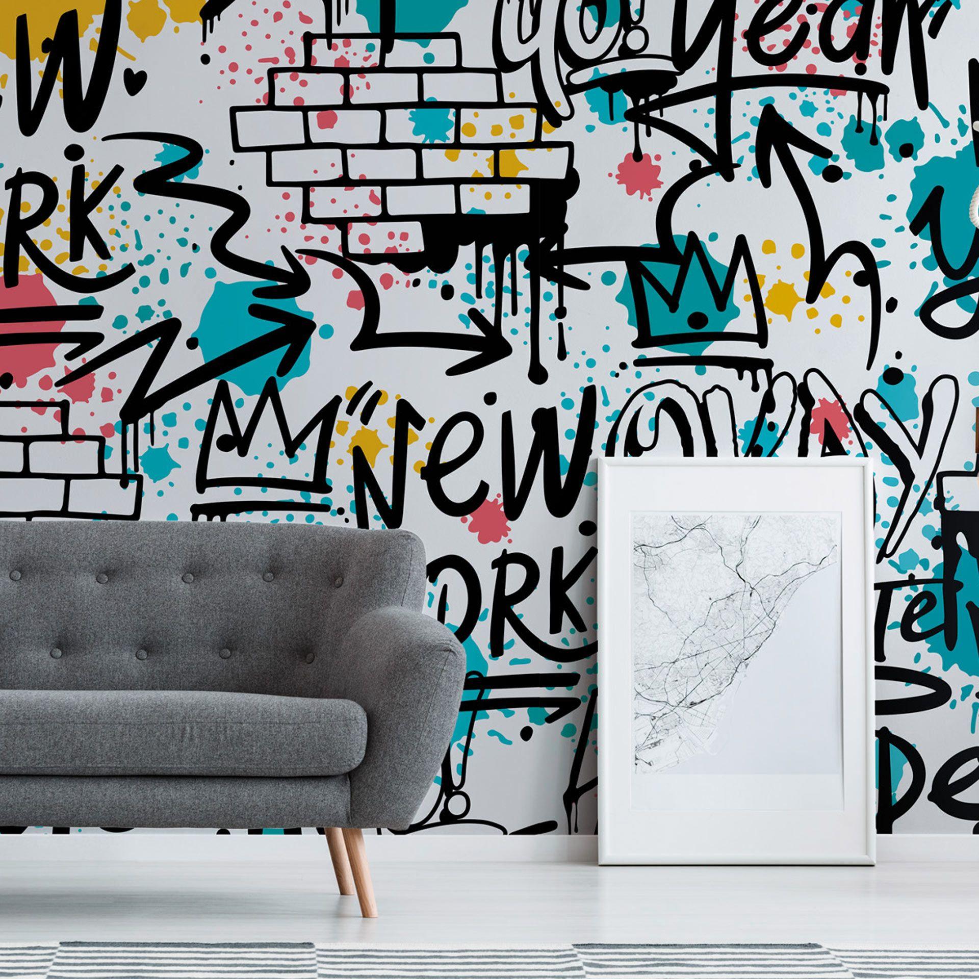 Graffiti street art tapet farverigt hvidt 3,75 x 2,50 m - Fototapet til ungdomsværelse New York