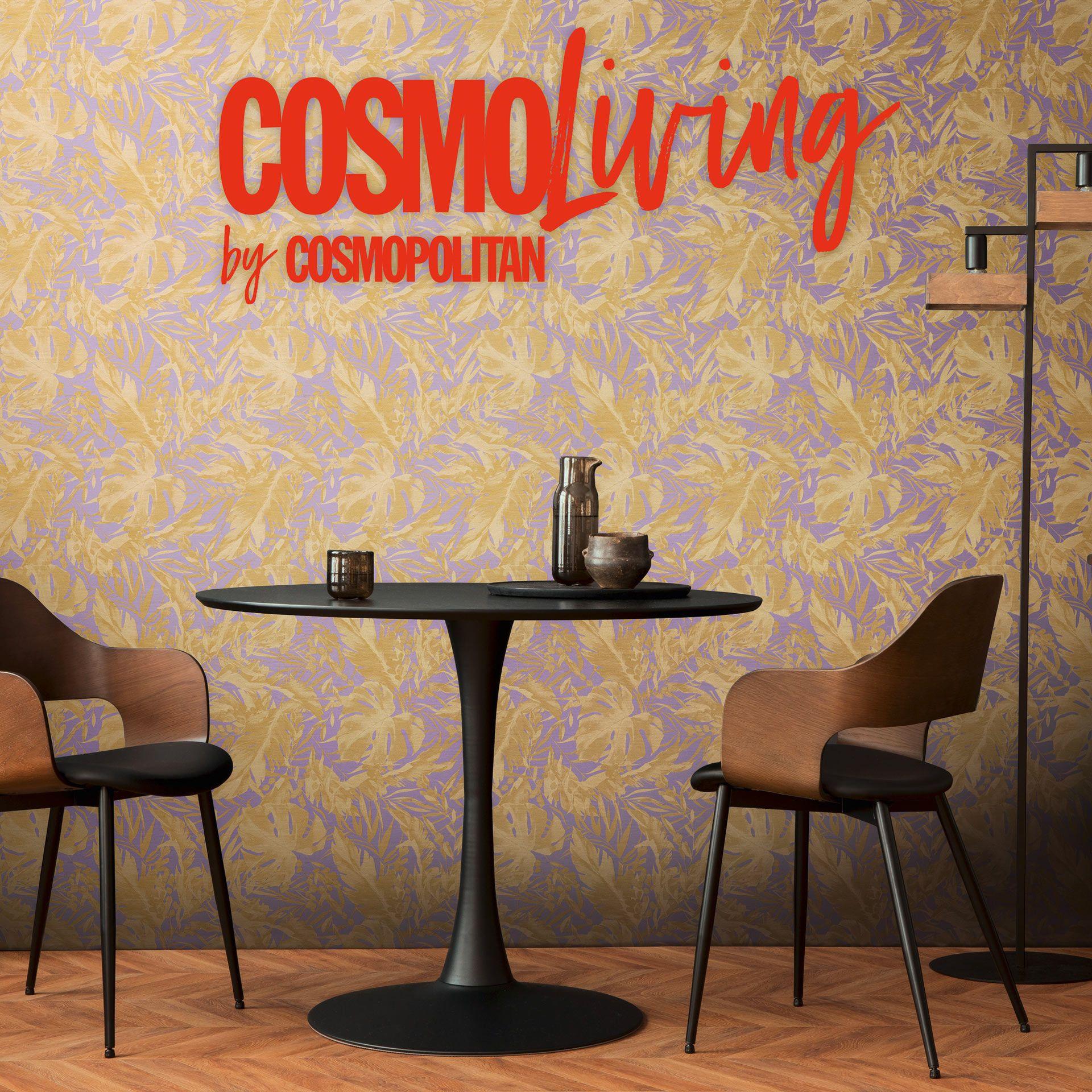 COSMOPOLITAN palmebladstapet lilla guld - botanisk ikke-vævet tapet fra junglen