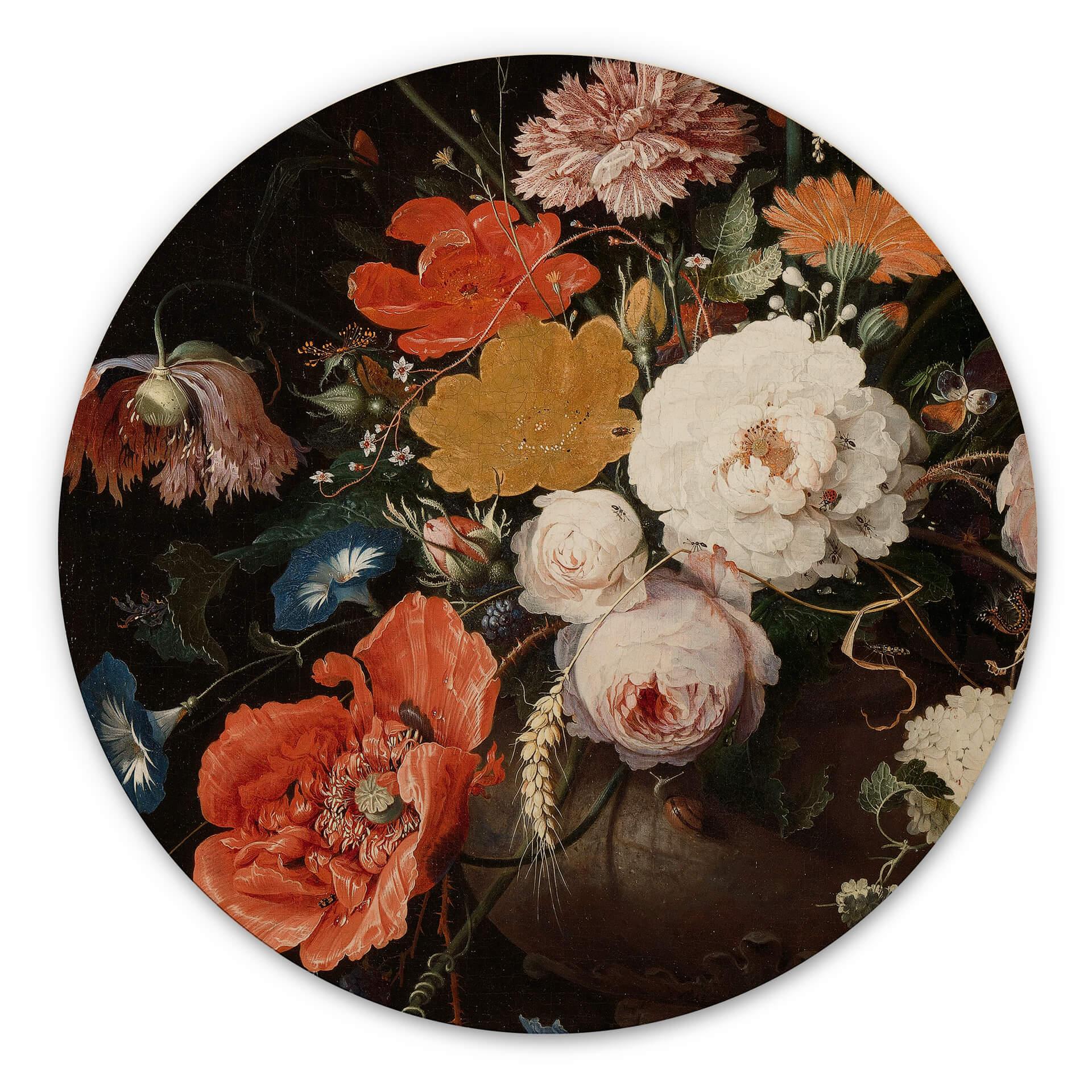 Cuadro de madera Mignon - Bodegón con flores y reloj - Redondo