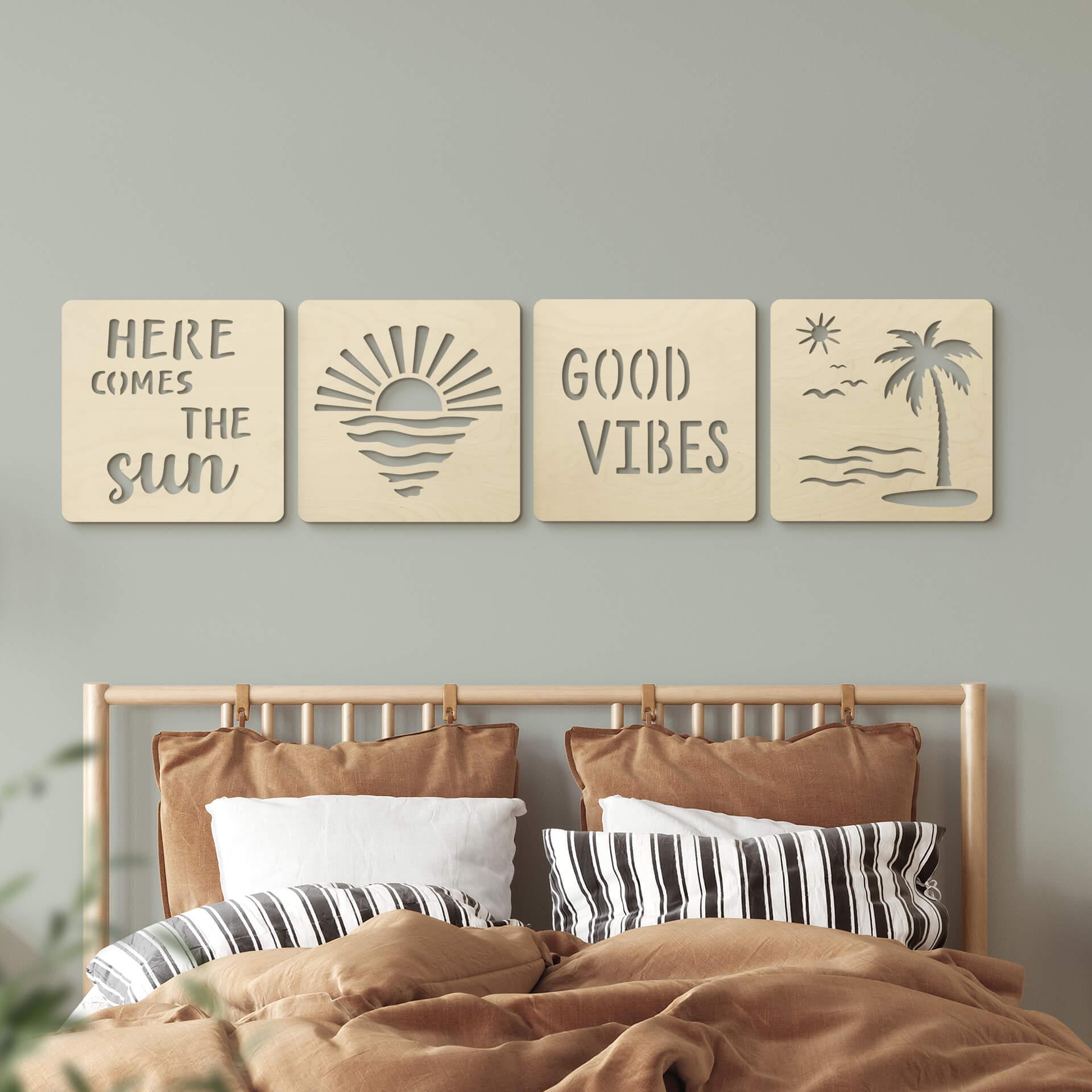 decoración 3D de madera sol, playa y palmeras (set de 4) - álamo